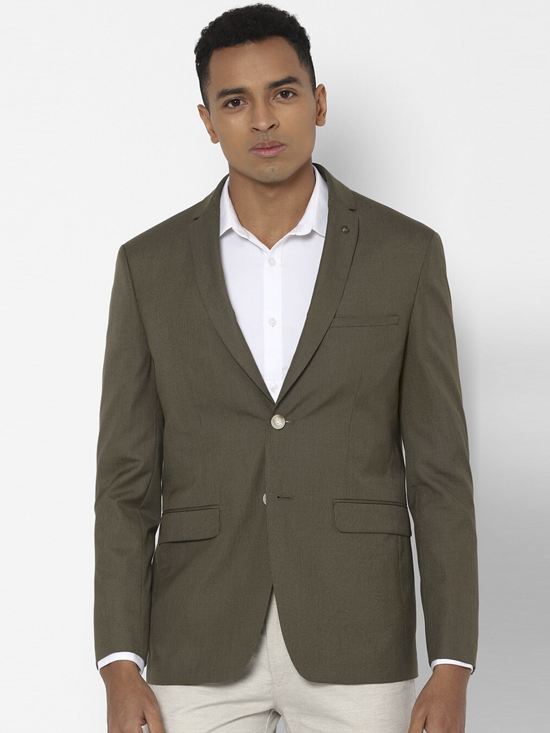 

Allen Solly Men Olive-Green Self-Design Slim-Fit Single-Breasted Formal Blazer