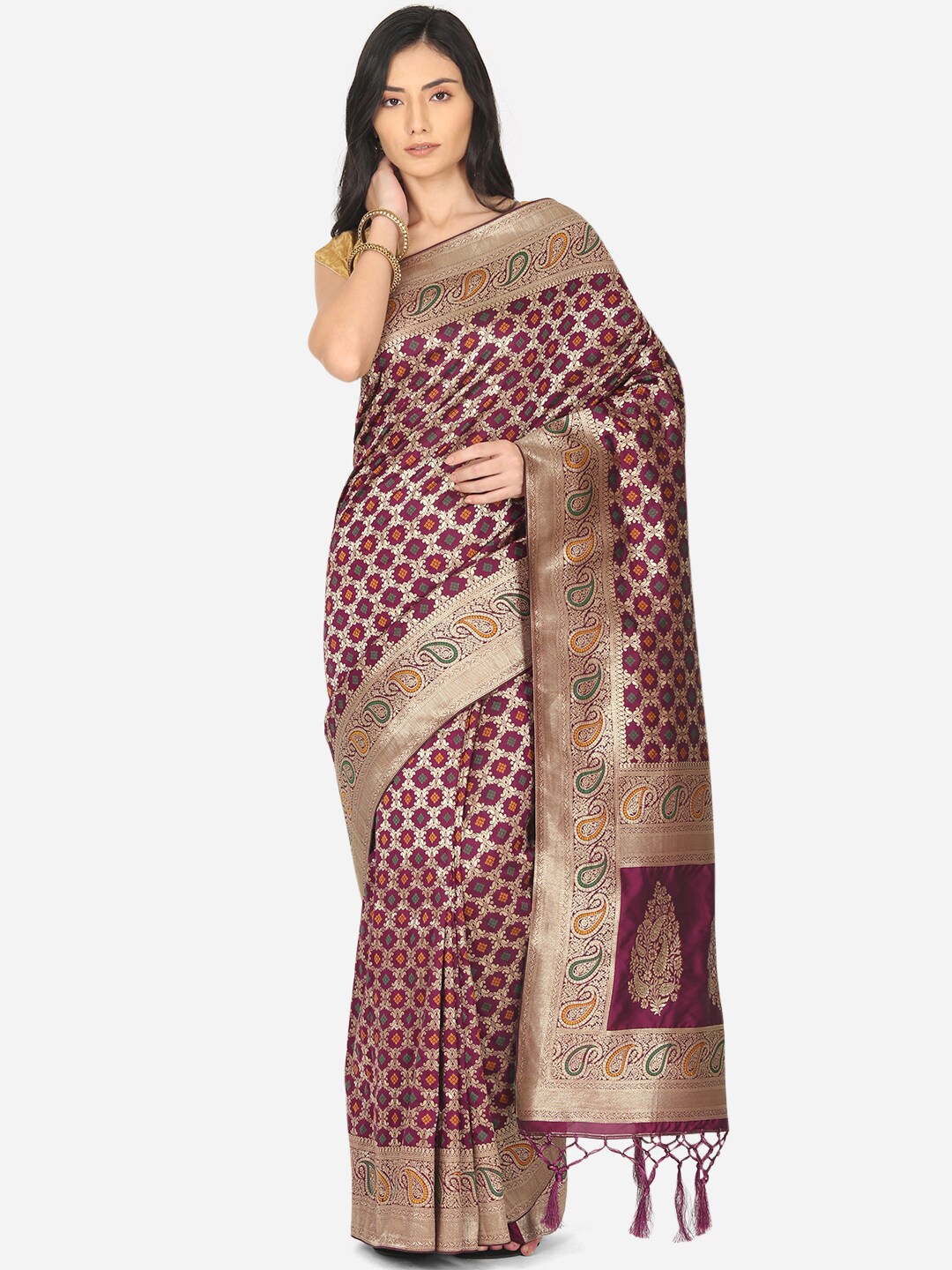 

BOMBAY SELECTIONS Purple & Green Woven Design Zari Art Silk Banarasi Saree