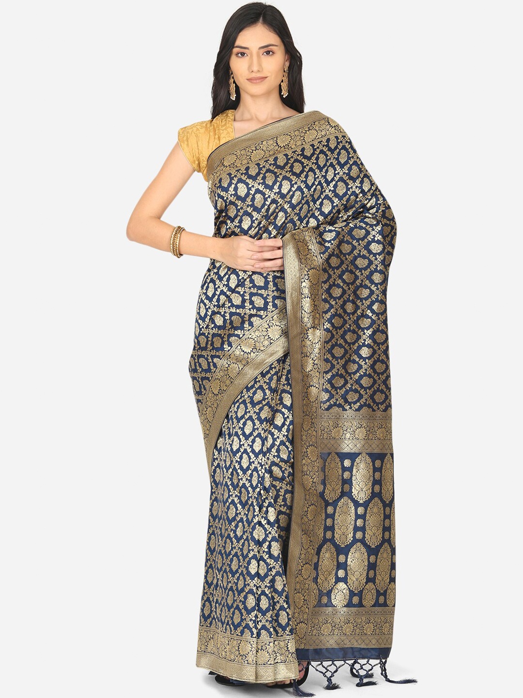

BOMBAY SELECTIONS Navy Blue & Gold-Toned Woven Design Zari Art Silk Banarasi Saree