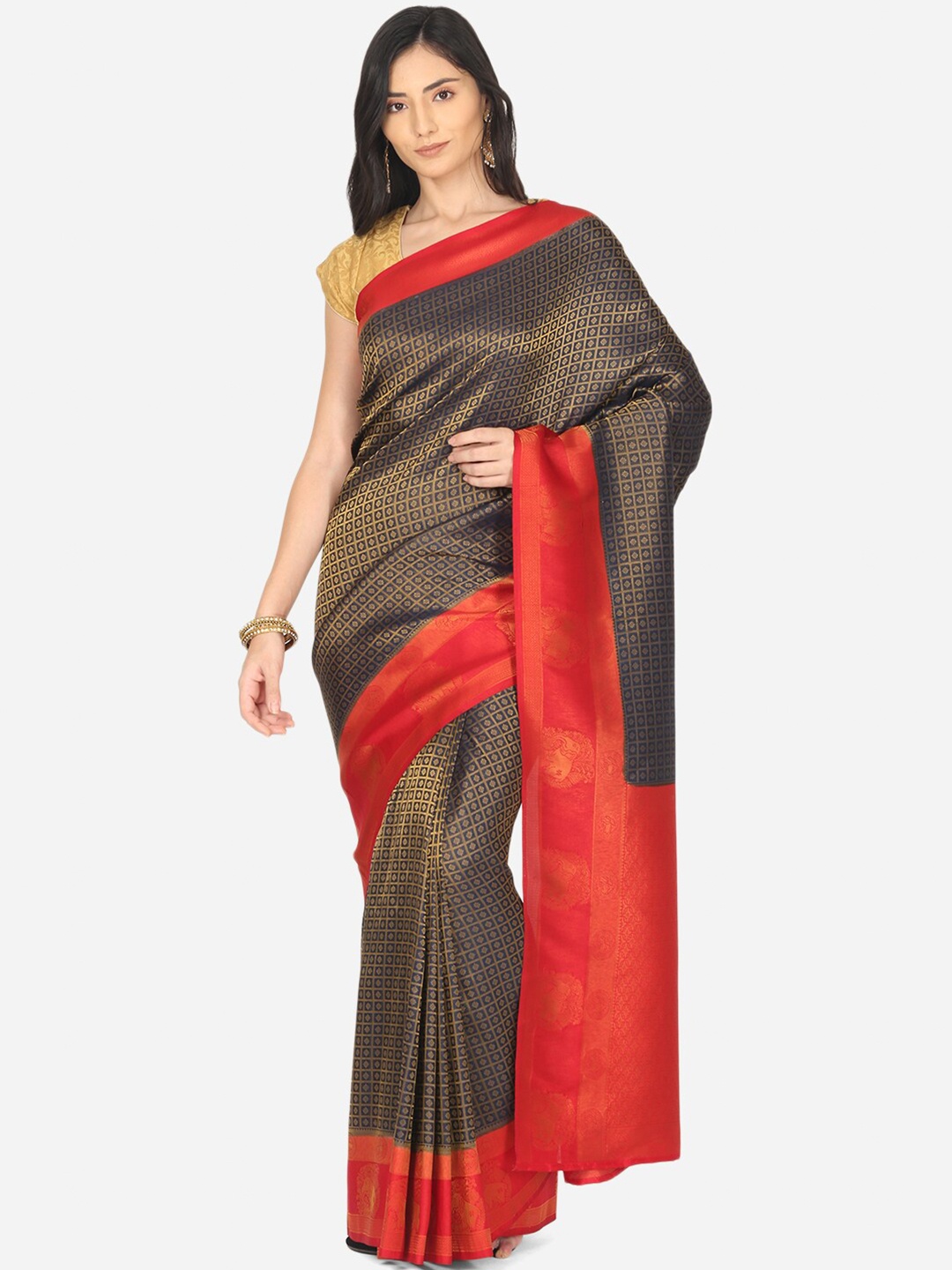 

BOMBAY SELECTIONS Navy Blue & Red Woven Design Zari Art Silk Banarasi Saree