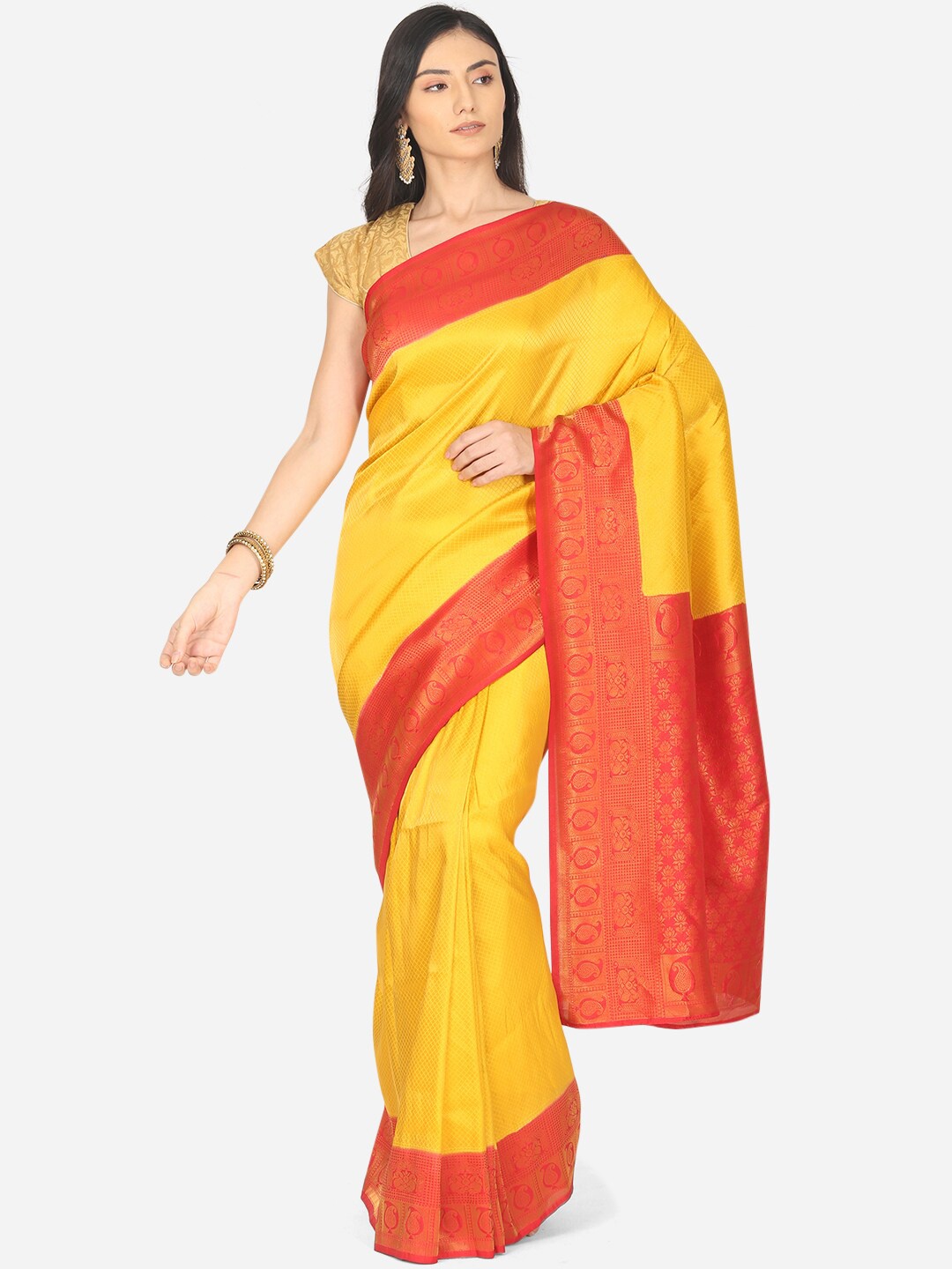 

BOMBAY SELECTIONS Yellow & Red Checked Zari Art Silk Banarasi Saree