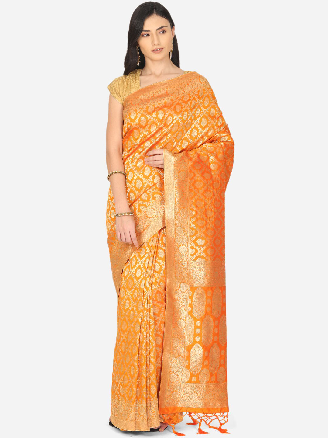 

BOMBAY SELECTIONS Orange & Gold-Toned Woven Design Zari Art Silk Banarasi Saree
