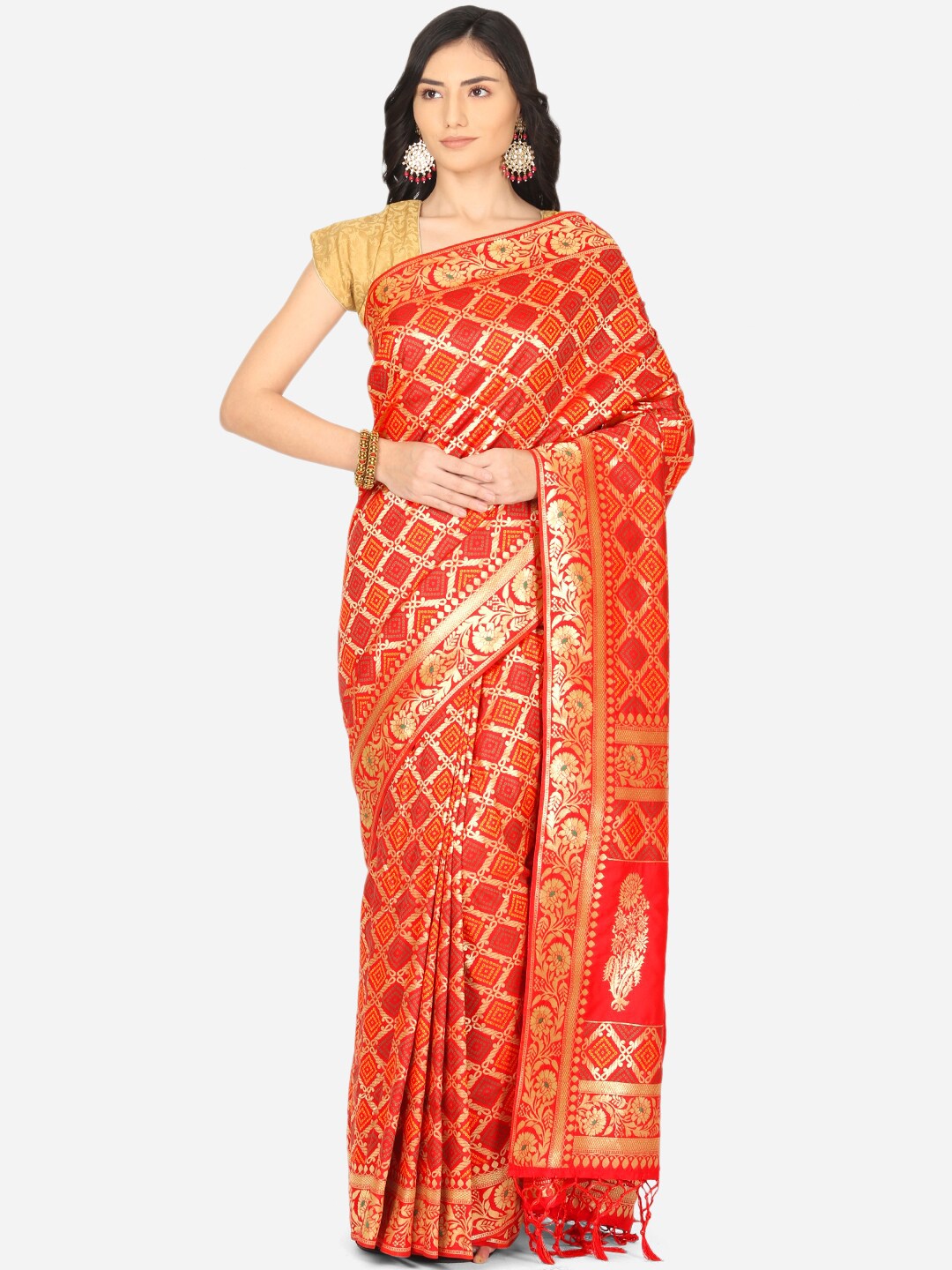 

BOMBAY SELECTIONS Red & Gold-Toned Woven Design Zari Art Silk Banarasi Saree