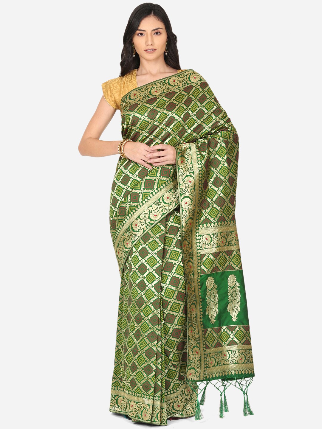 

BOMBAY SELECTIONS Green & Gold Ethnic Motifs Zari Art Silk Banarasi Saree