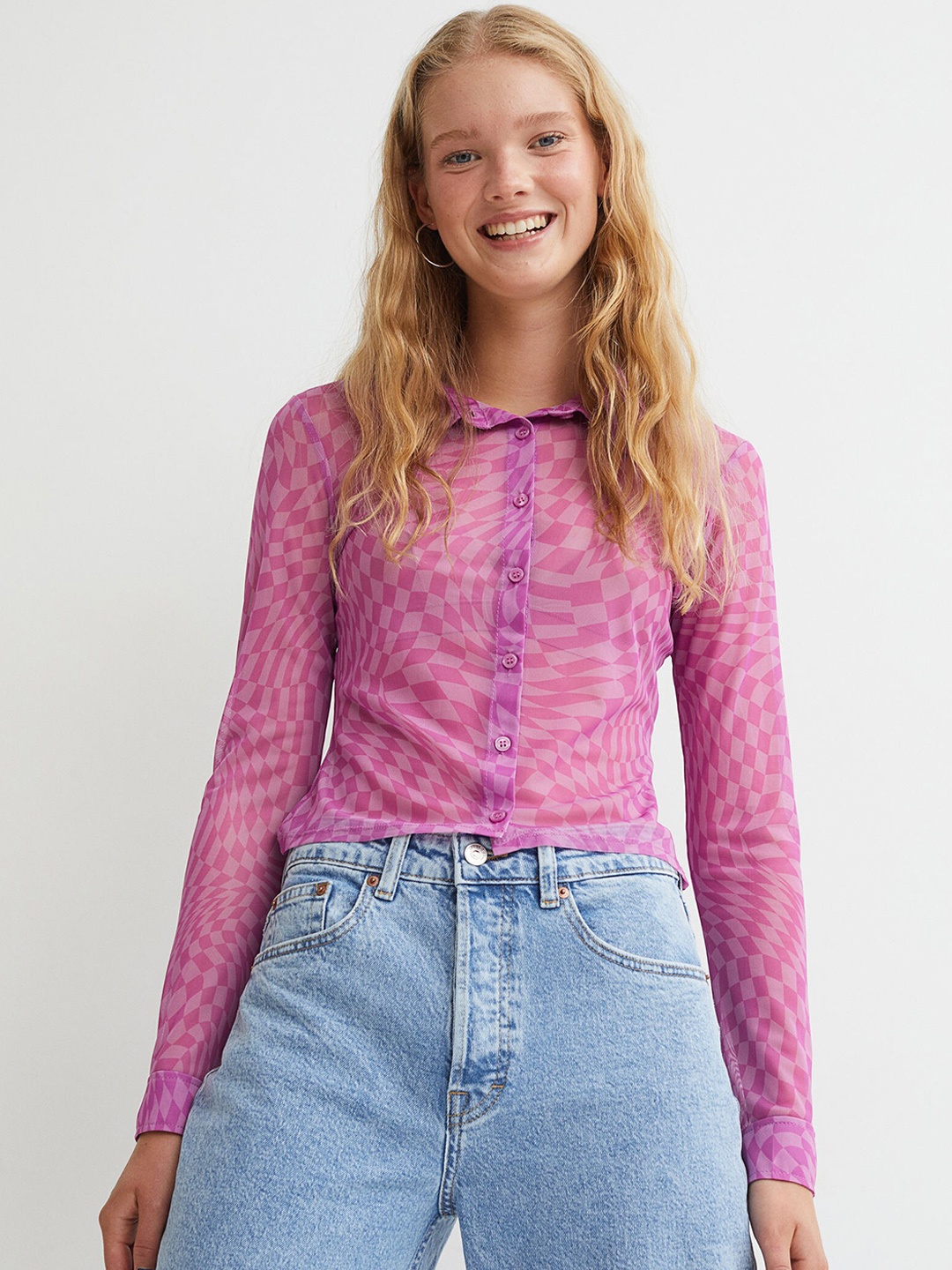 

H&M Women Pink Printed Mesh Shirt