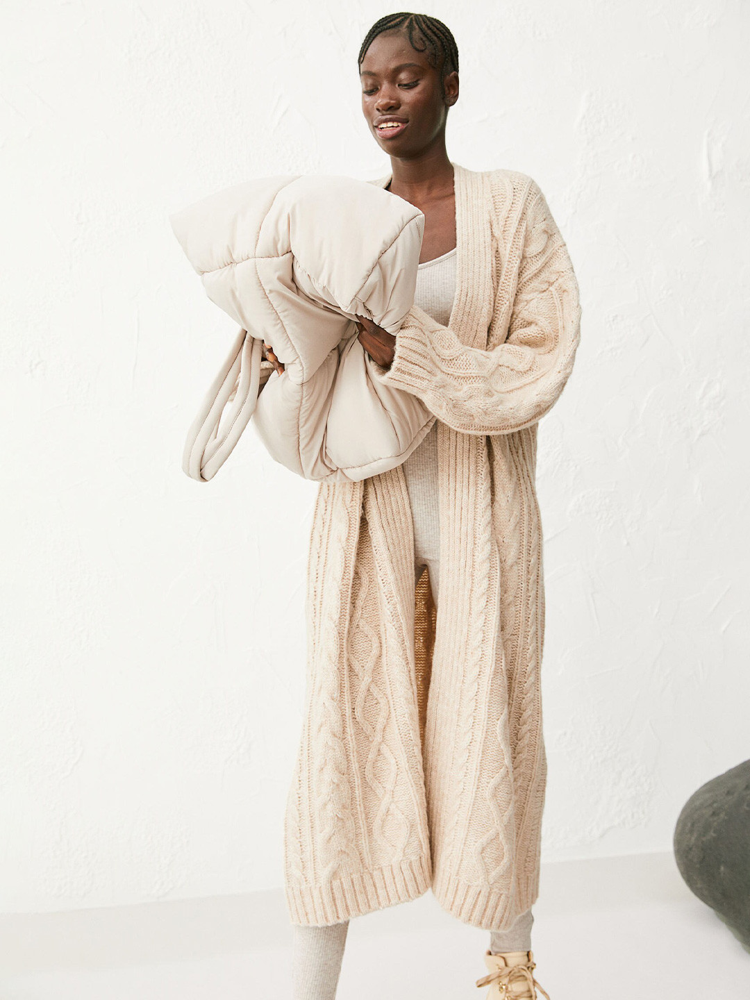 

H&M Women Beige Cable-Knit Cardigan