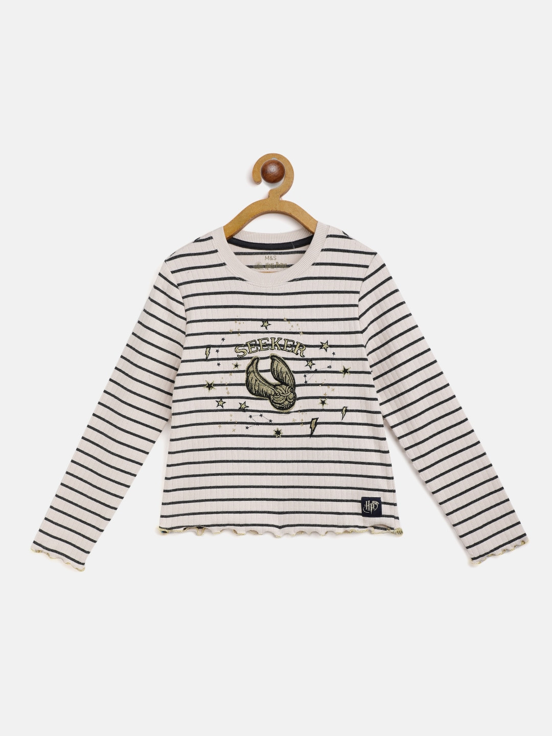 

Marks & Spencer Girls Cream-Coloured & Black Striped T-shirt with Golden Snitch Applique