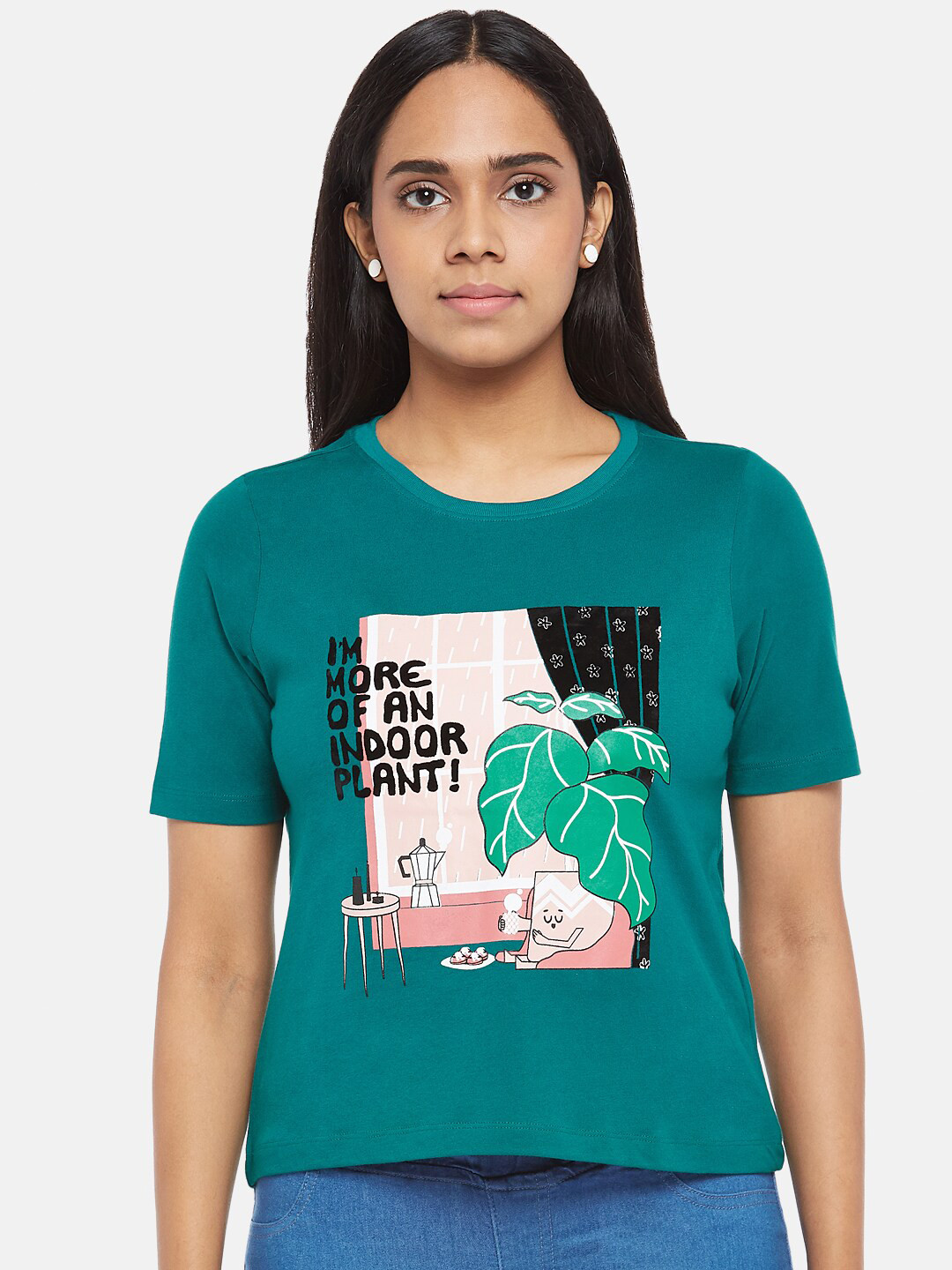 

People Women Teal Green & Pink Printed Organic Cotton T-shirt