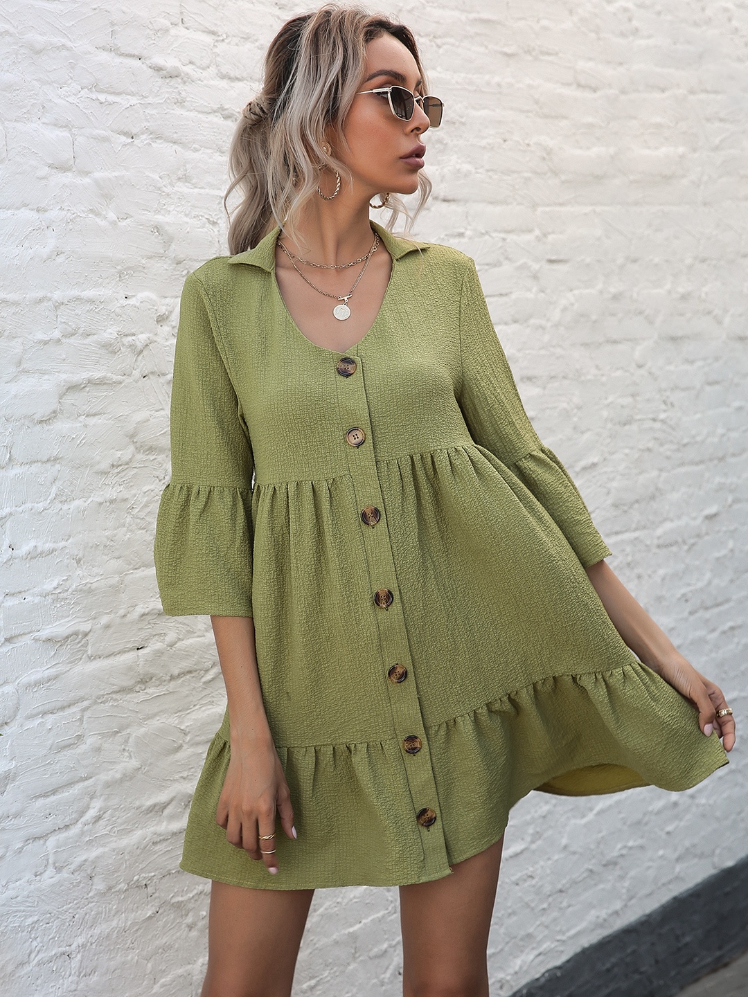

URBANIC Olive Green Solid Mini Tiered A-Line Dress