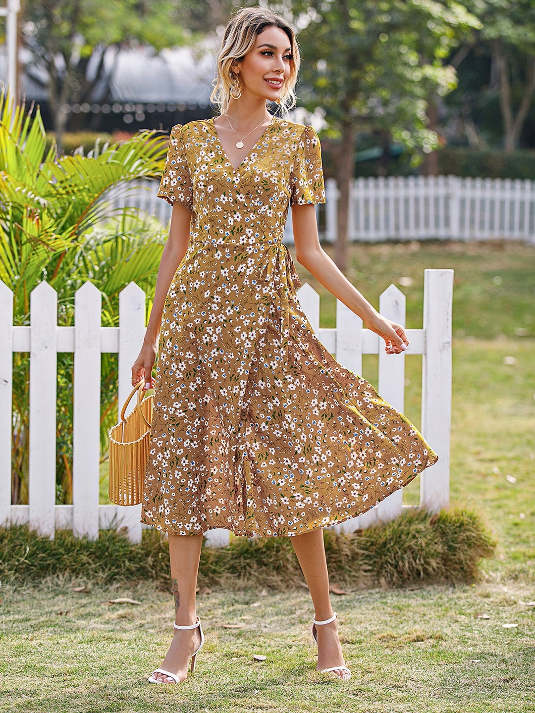 

URBANIC Mustard Yellow & White Floral Print Midi Wrap Dress