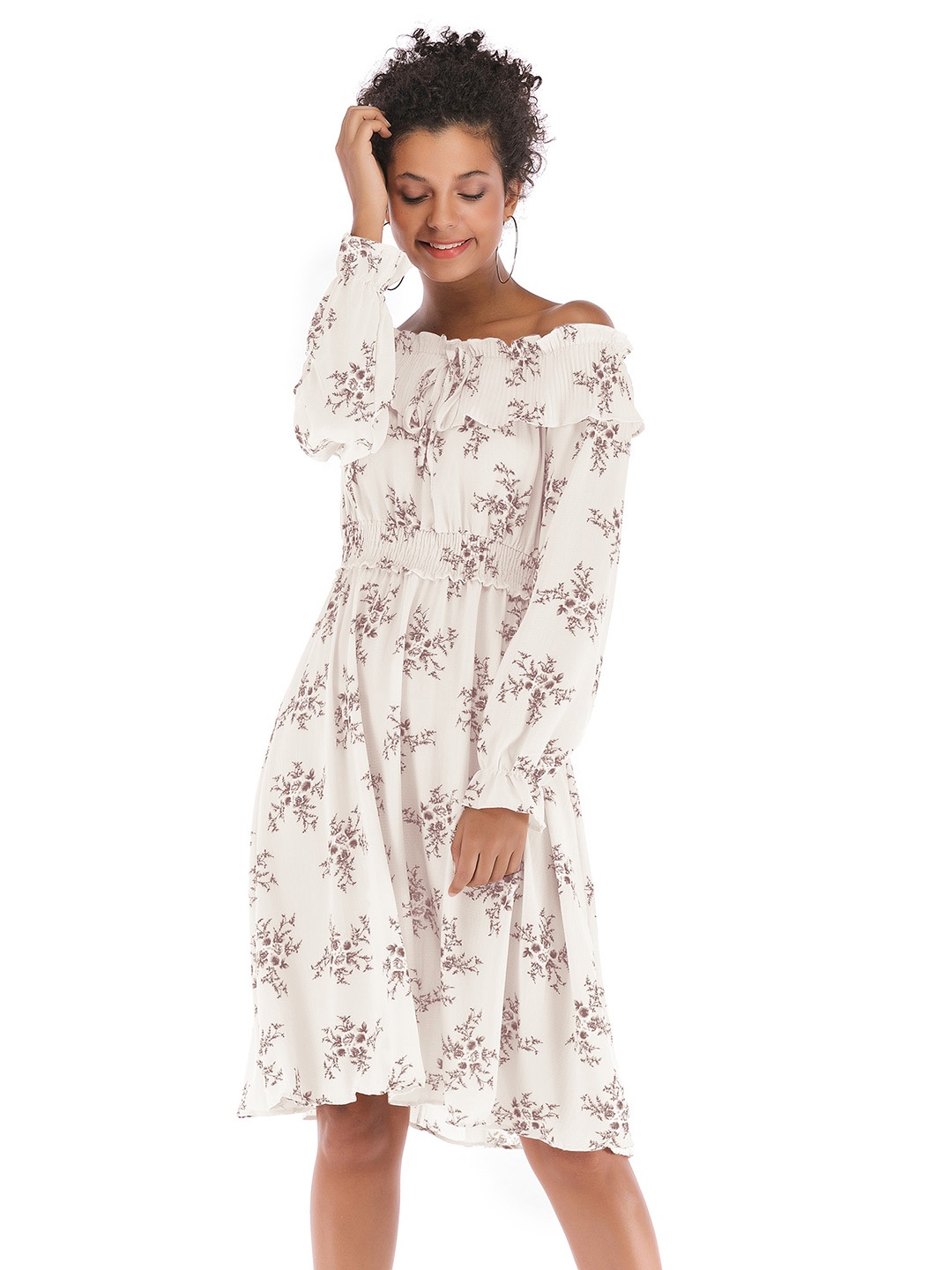 

URBANIC White & Taupe Printed Off-Shoulder Smocked A-Line Dress