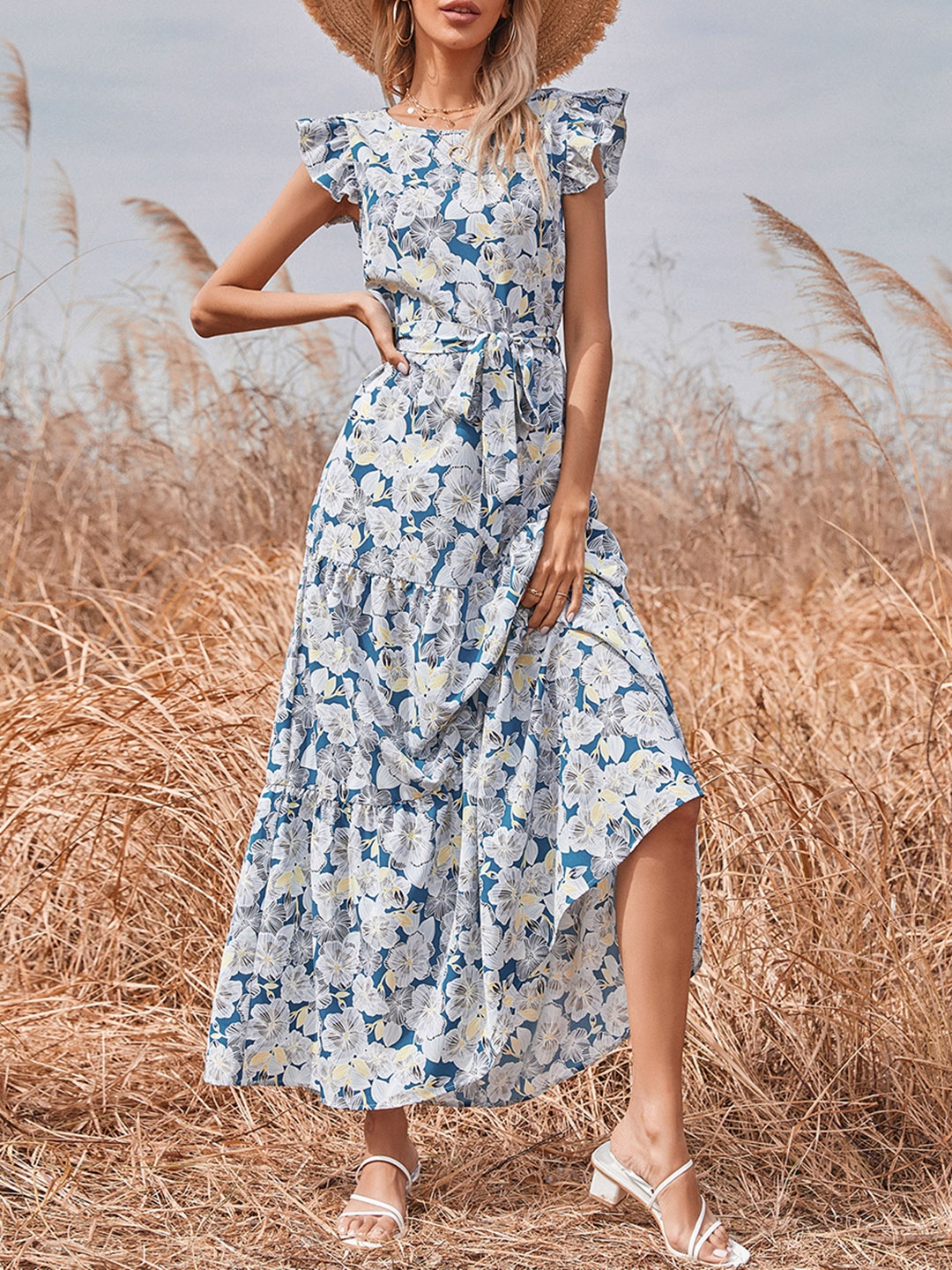 

URBANIC Blue & White Floral Print Tiered Maxi Dress with Belt