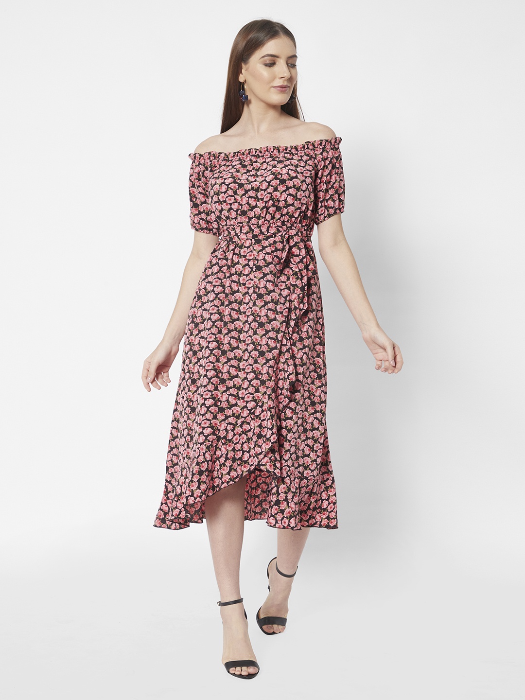 

URBANIC Pink & Black Floral Off-Shoulder A-Line Midi Dress