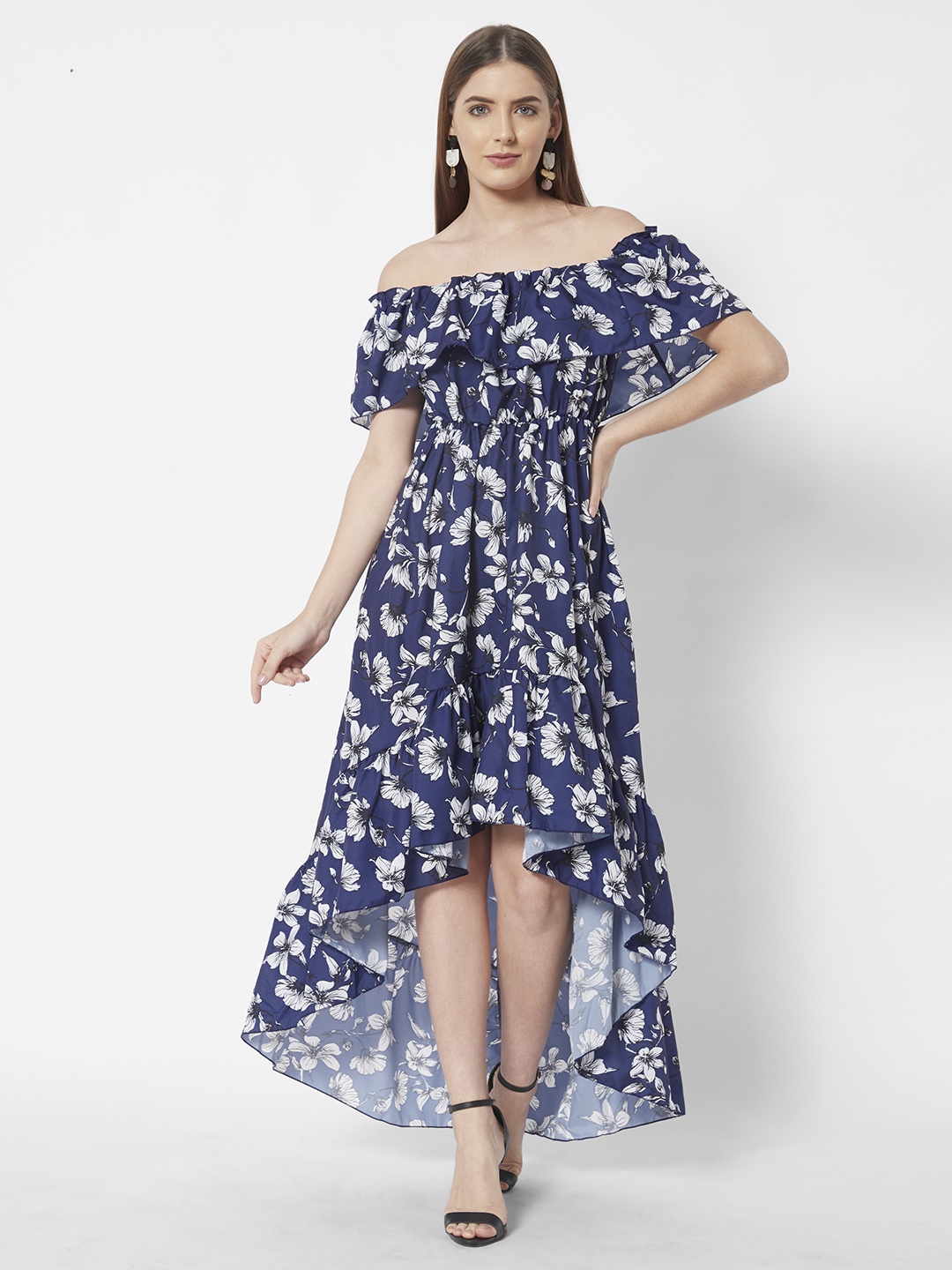 

URBANIC Blue & White Floral Off-Shoulder A-Line Midi Dress