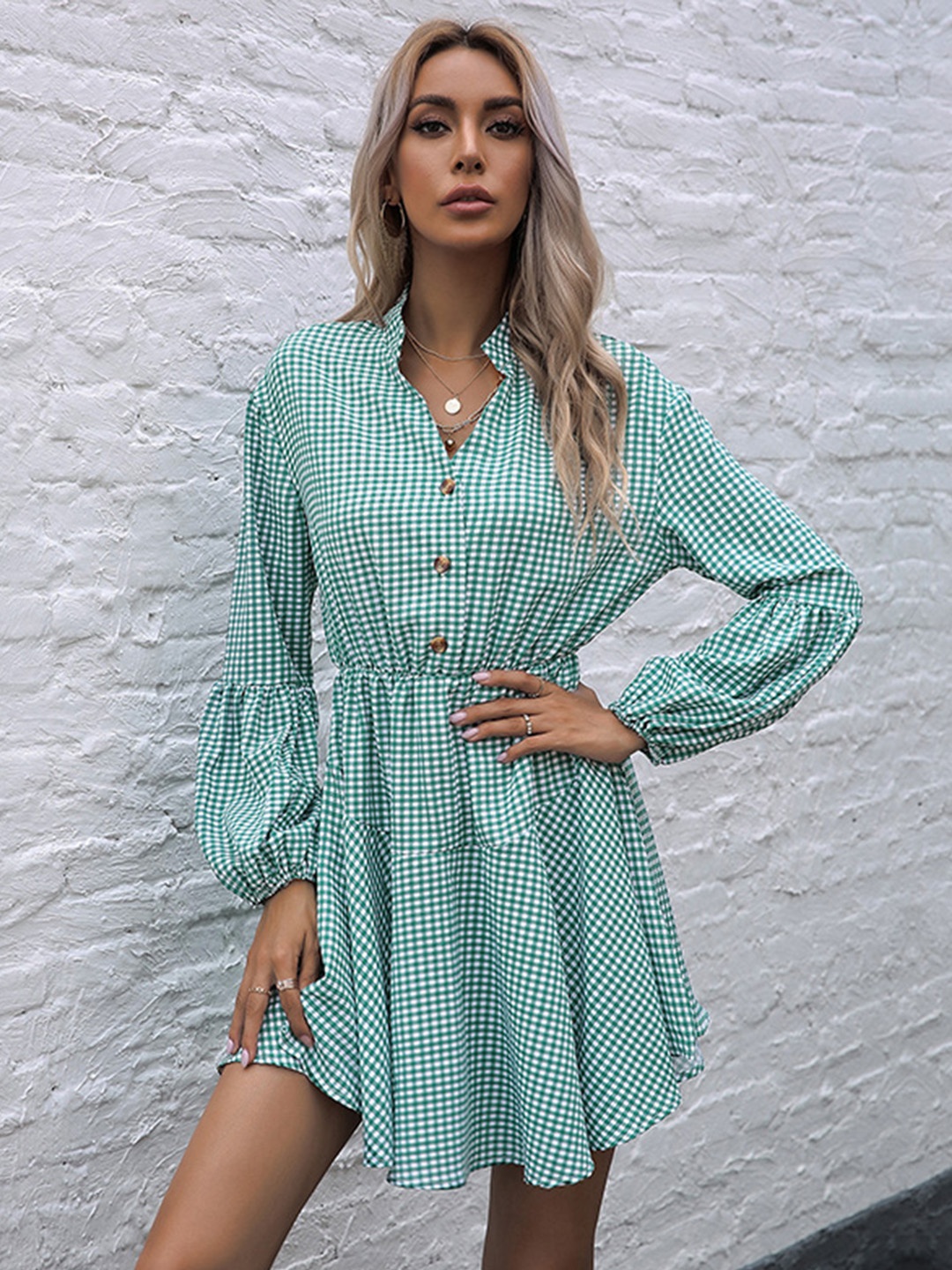 

URBANIC Women Green & White Checked Shirt Dress