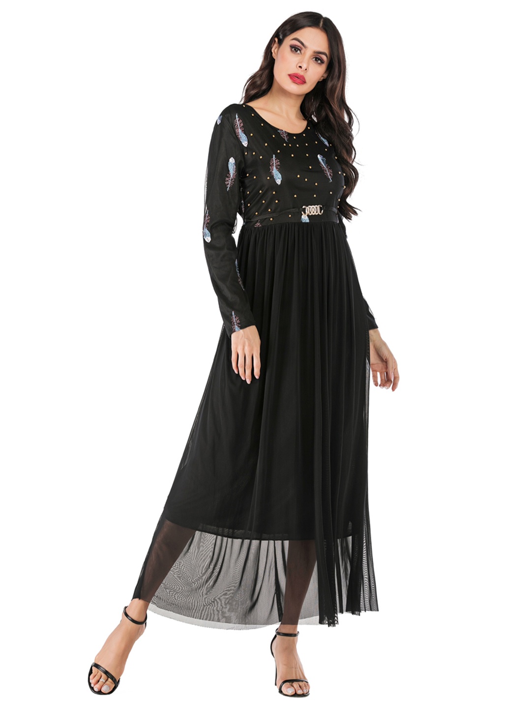 

URBANIC Black Feather Embroidered Maxi Dress