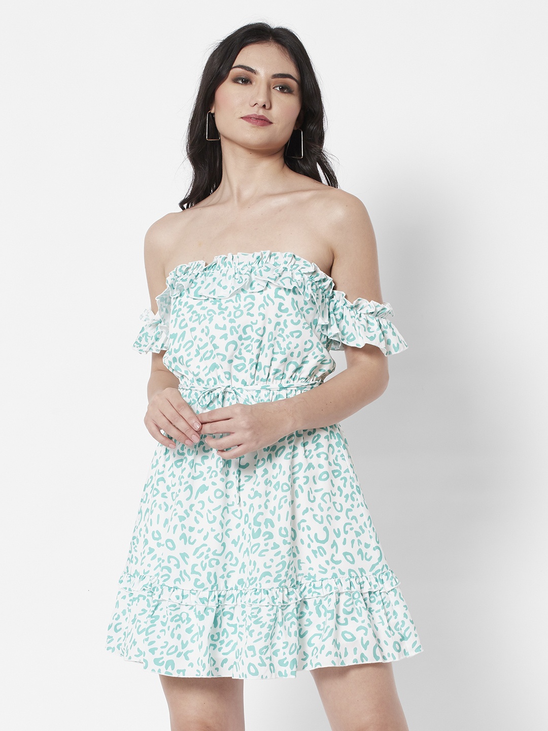 

URBANIC Green & White Animal Off-Shoulder A-Line Dress