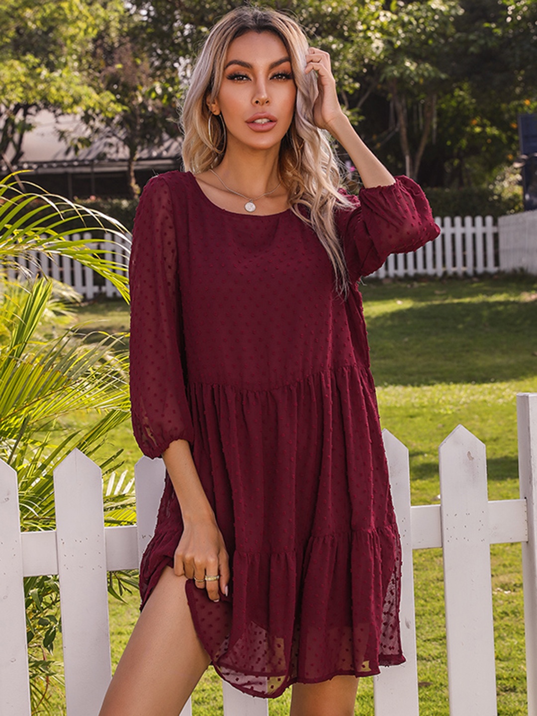 

URBANIC Burgundy Self Design Dobby Weave A-Line Dress