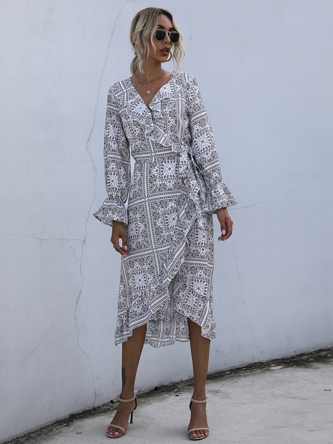 

URBANIC White & Black Ethnic Motifs Printed Midi Wrap Dress