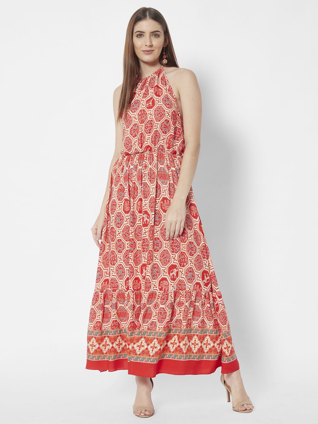 

URBANIC Red & Beige Ethnic Motifs Halter Neck Maxi Dress