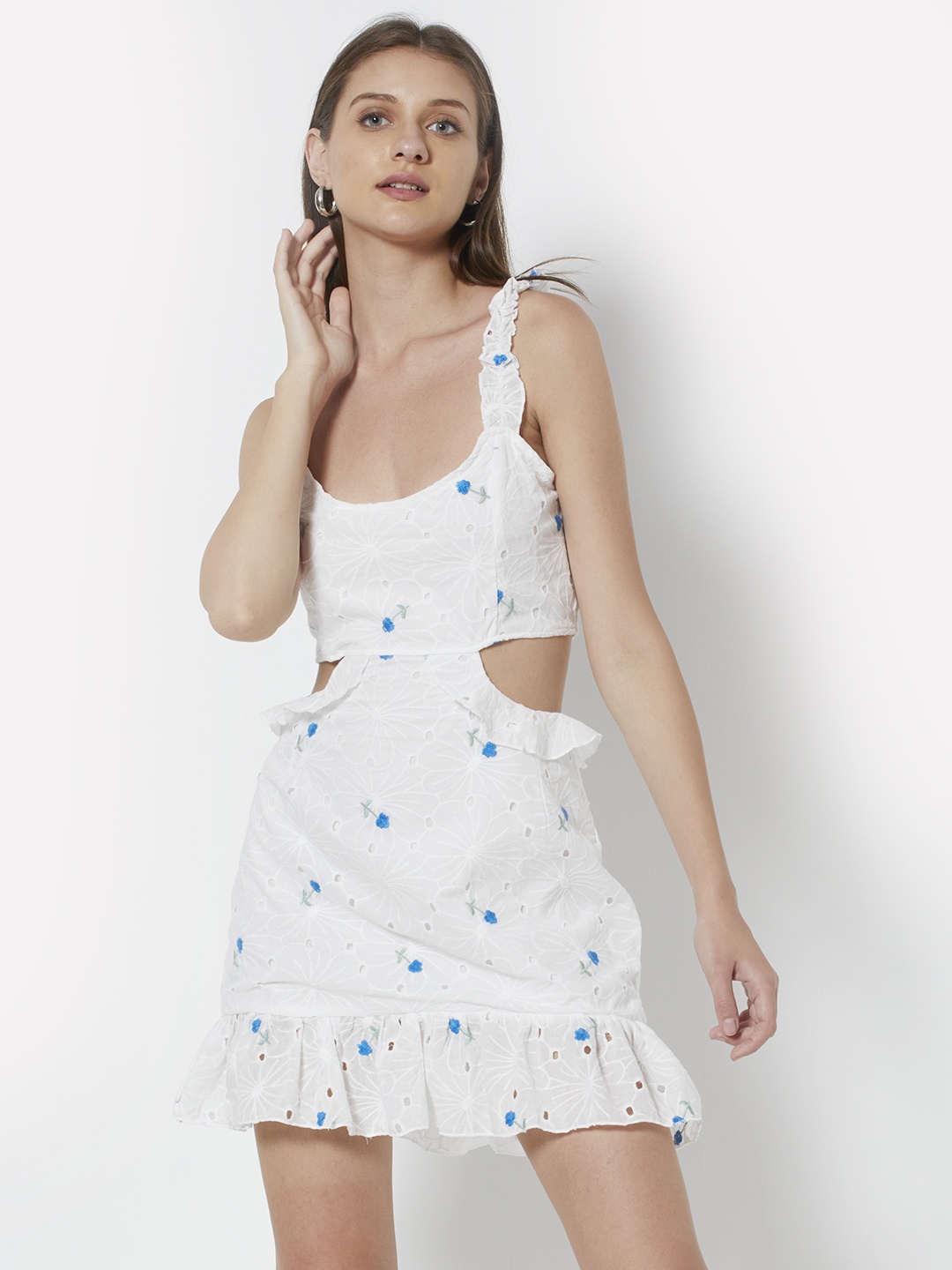 

URBANIC White & Blue Floral A-Line Dress