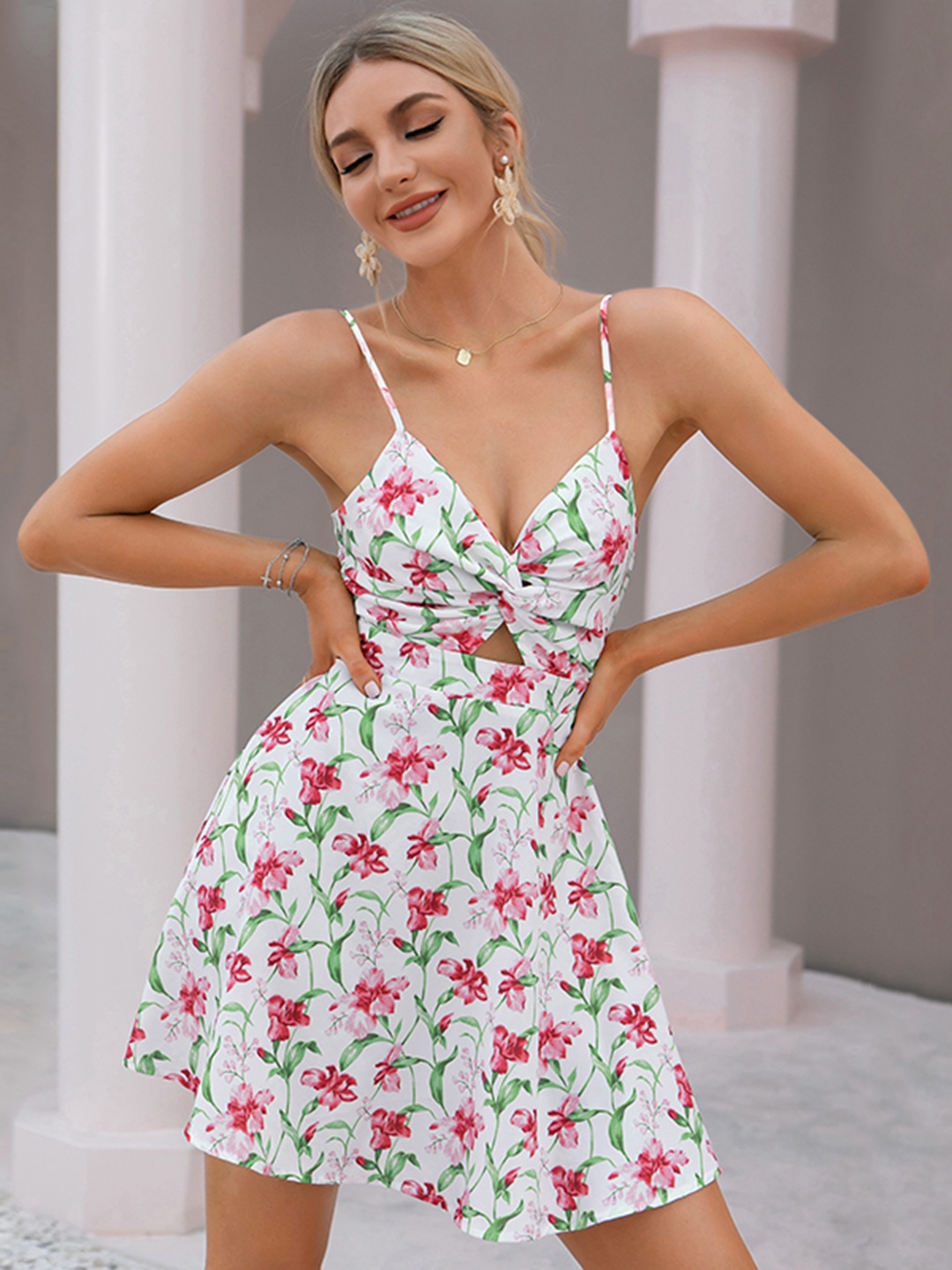 

URBANIC White & Pink Floral Print Tie-up Detail Fit & Flare Dress
