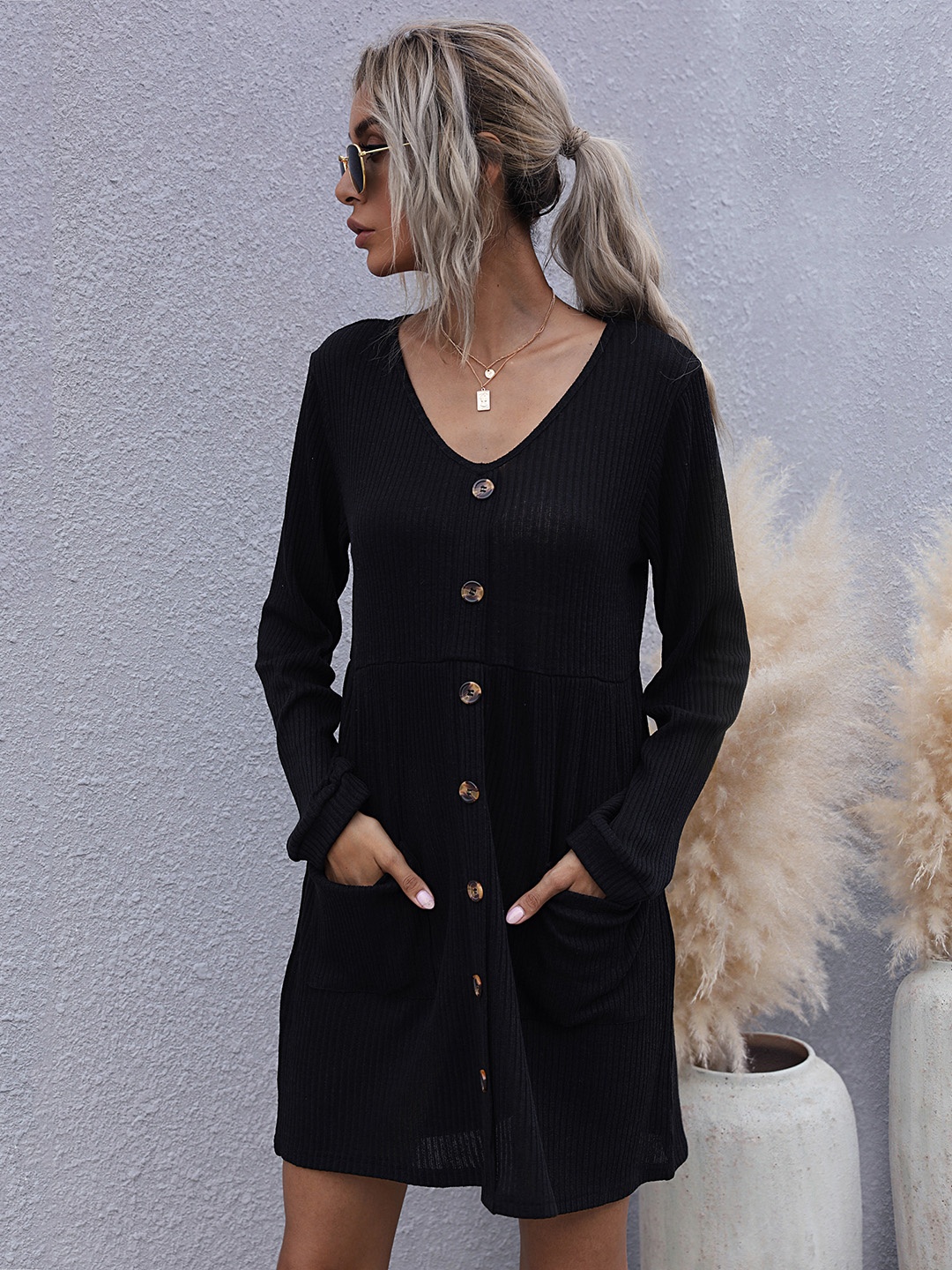 

URBANIC Black Ribbed A-Line Dress