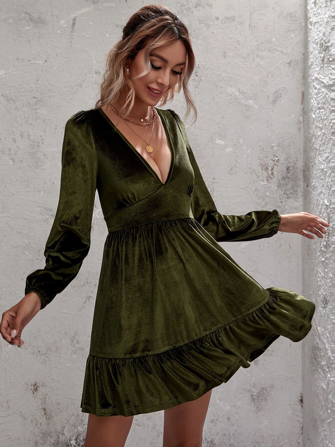 

URBANIC Olive Green Solid Velvet Finish Mini Empire Dress