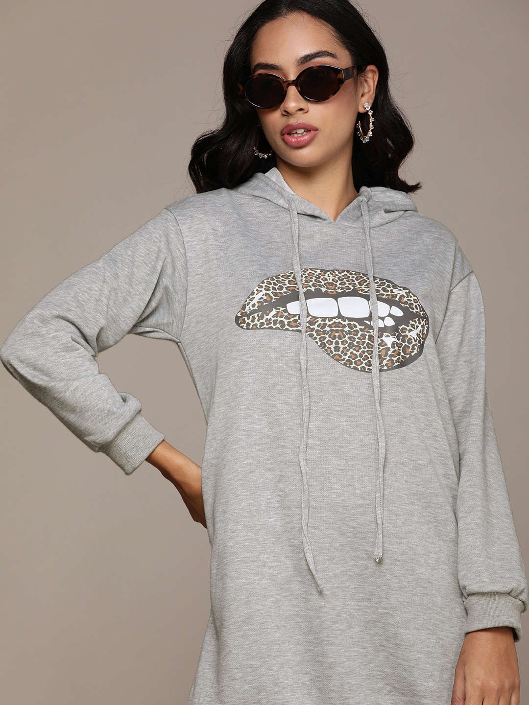 

URBANIC Grey Printed Hooded Jumper Dress