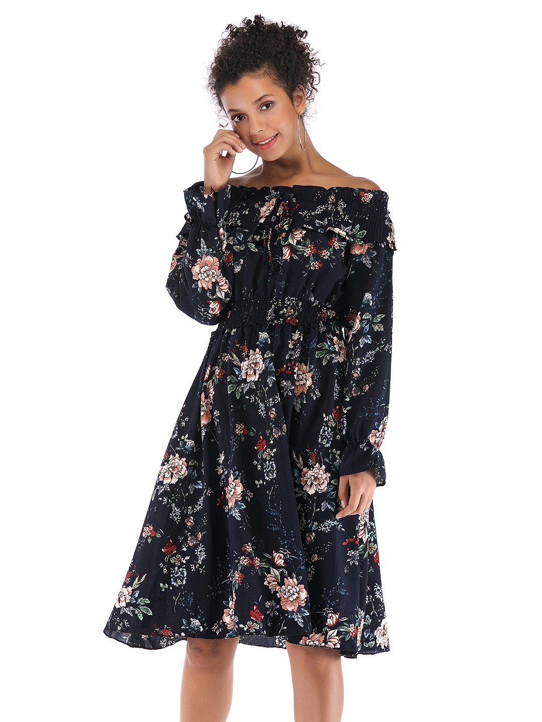 

URBANIC Navy Blue & Pink Floral Print Off-Shoulder Fit & Flare Dress