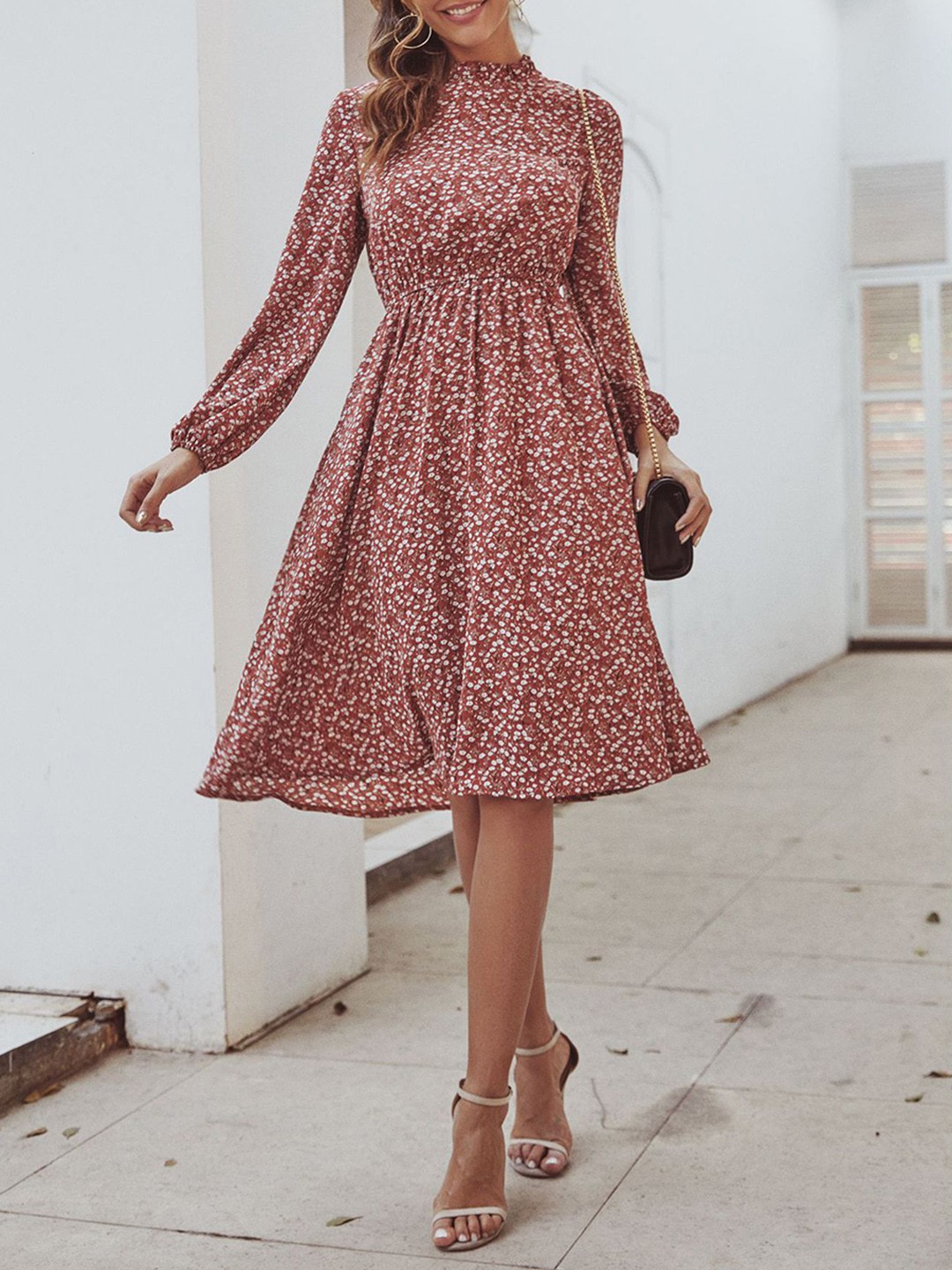 

URBANIC Brown & Off White Floral Print A-Line Dress
