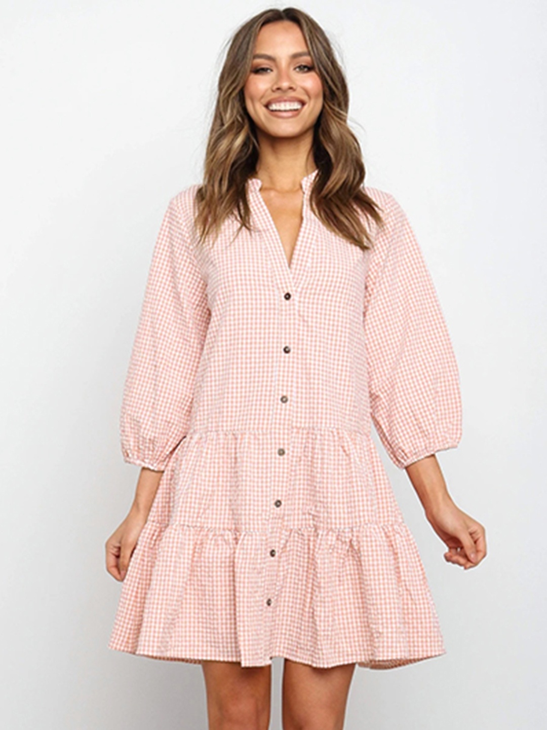 

URBANIC Women Pink & White Checked A-Line Dress