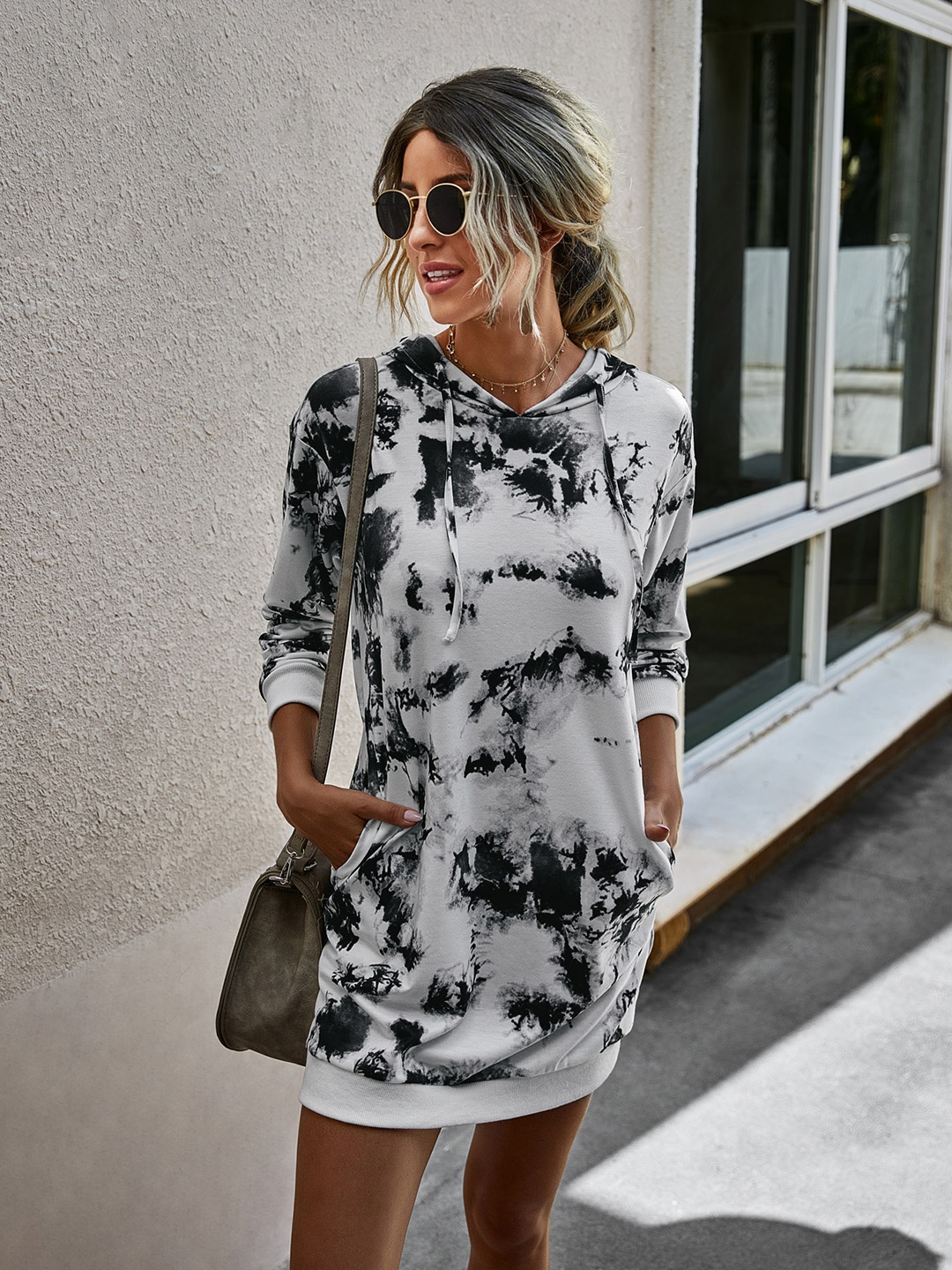 

URBANIC White & Black Abstract Print Hooded Jumper Dress