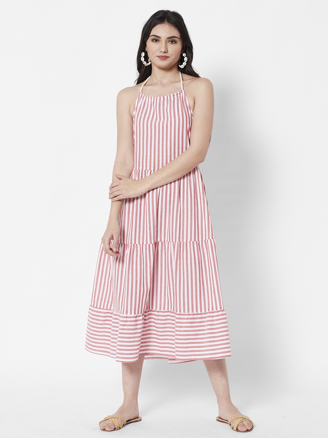 

URBANIC Pink & White Striped Halter Neck Tiered A-Line Midi Dress