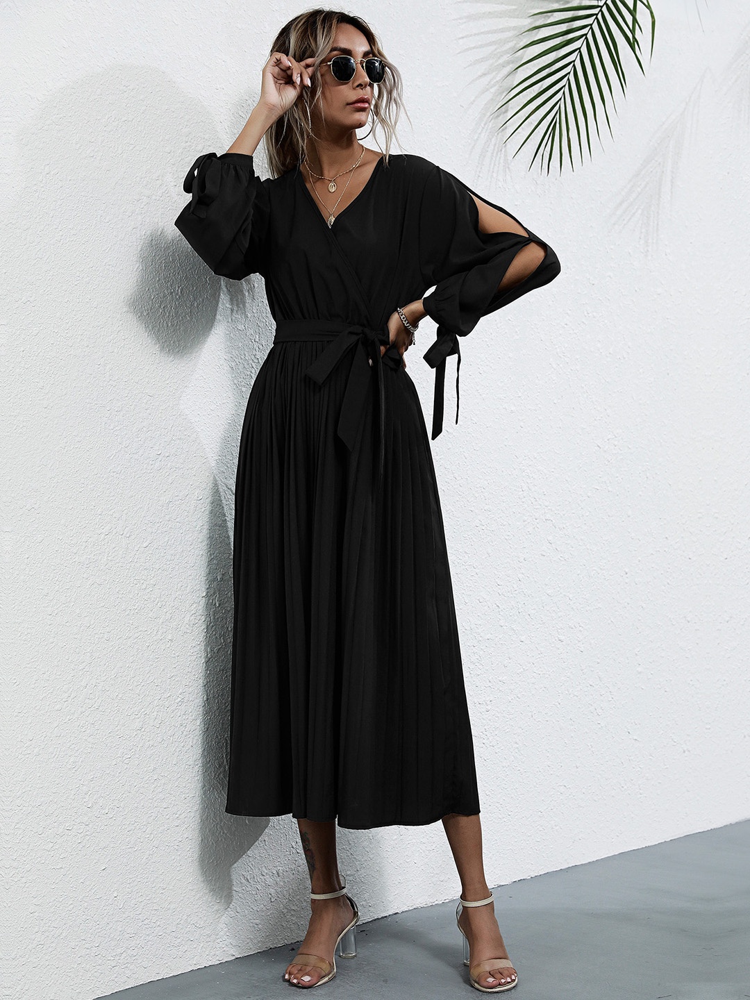 

URBANIC Women Black Solid Midi Wrap Dress