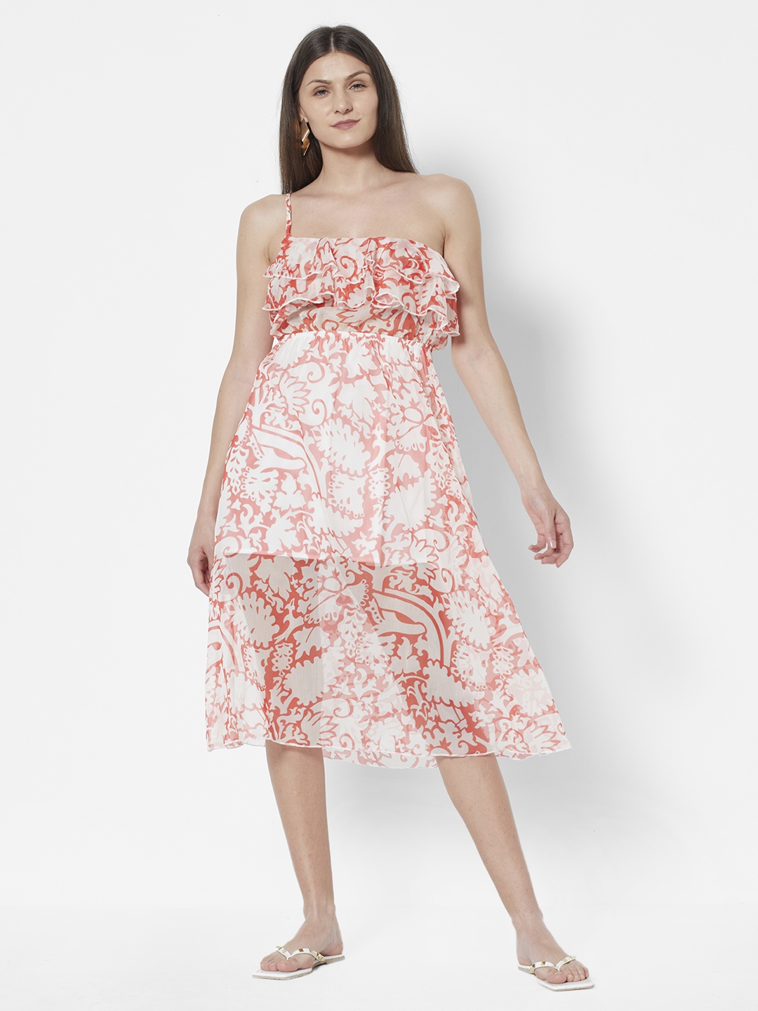 

URBANIC Orange & White Ethnic Motifs Print Ruffled One Shoulder A-Line Midi Dress