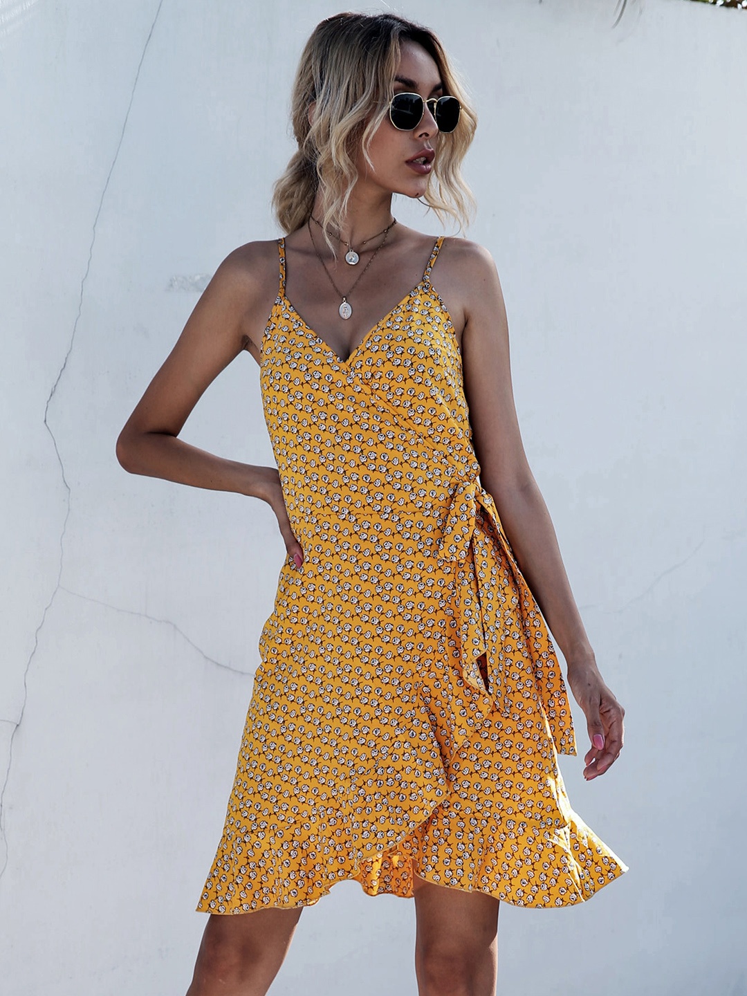 

URBANIC Women Mustard Yellow & White Floral Print Wrap Dress