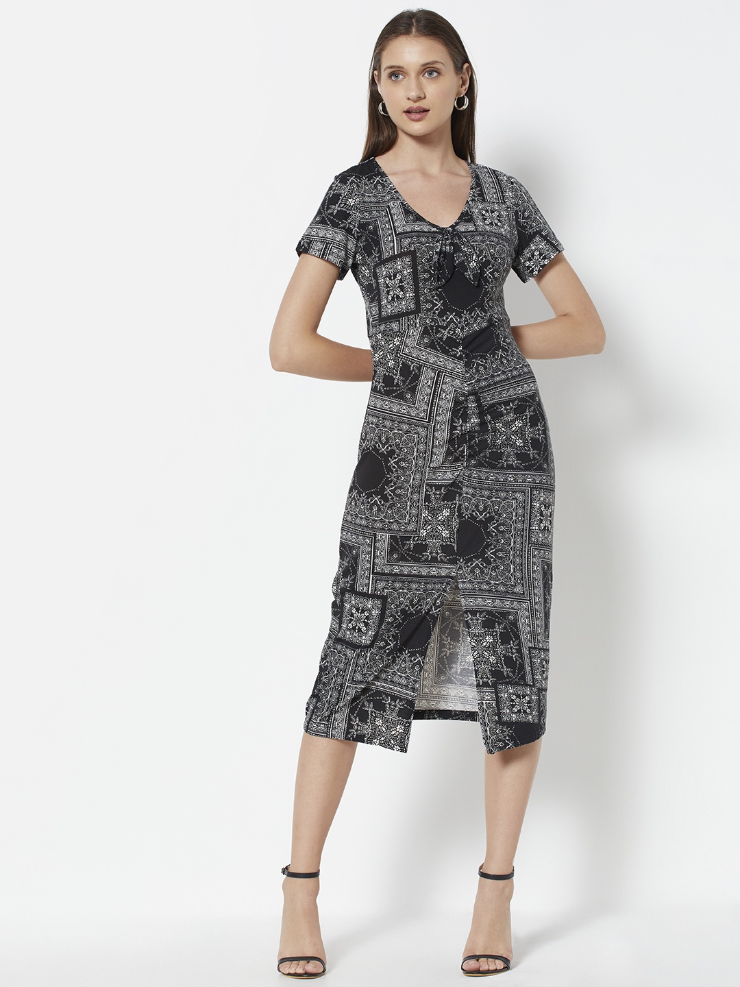 

URBANIC Black & White Ethnic Motifs Print Sheath Dress with Front Slit