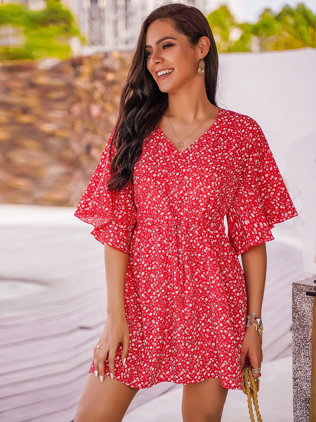 

URBANIC Red & White Floral A-Line Dress