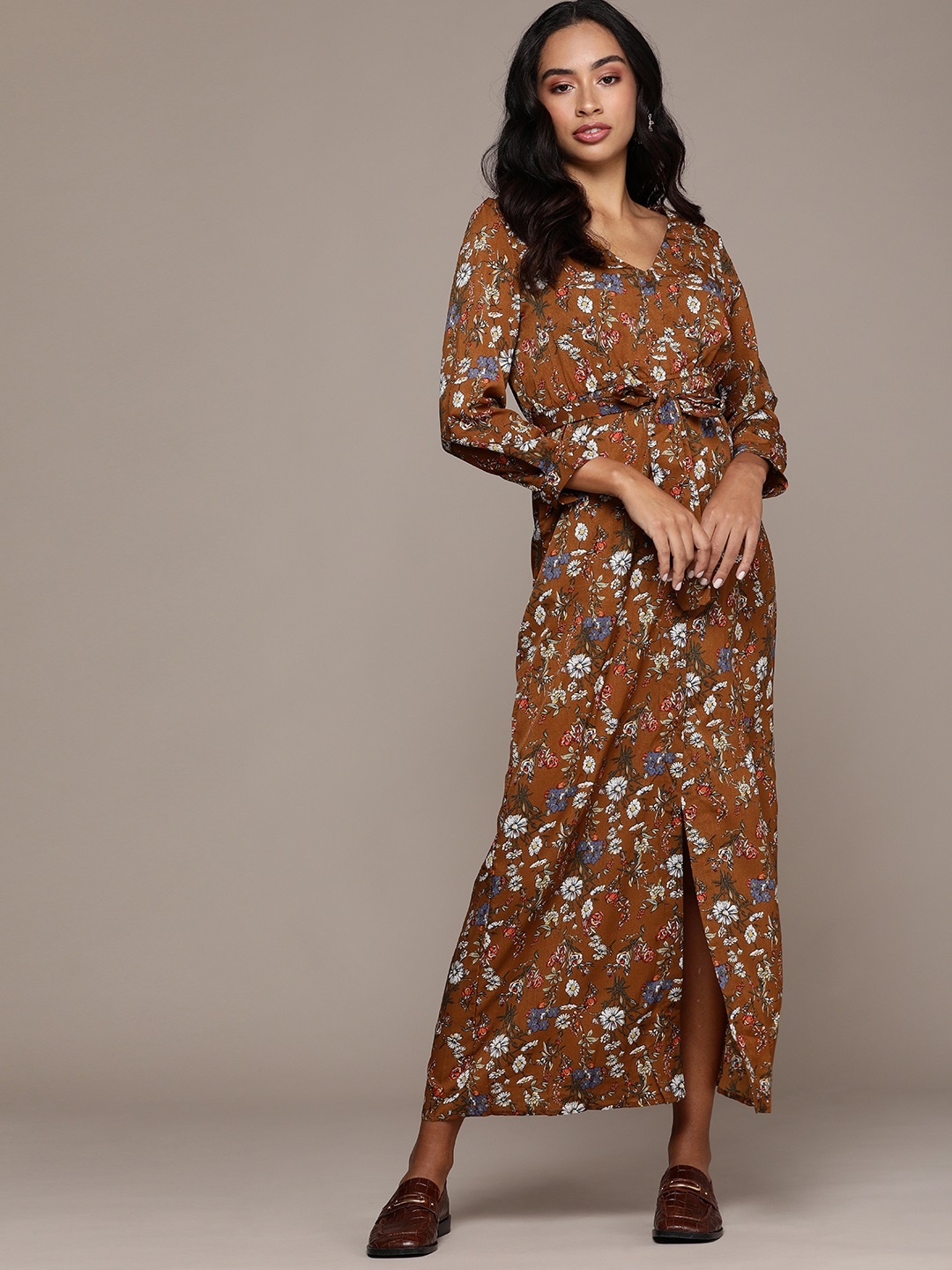 

URBANIC Coffee Brown & White Floral Belted A-Line Maxi Dress with Front Slit