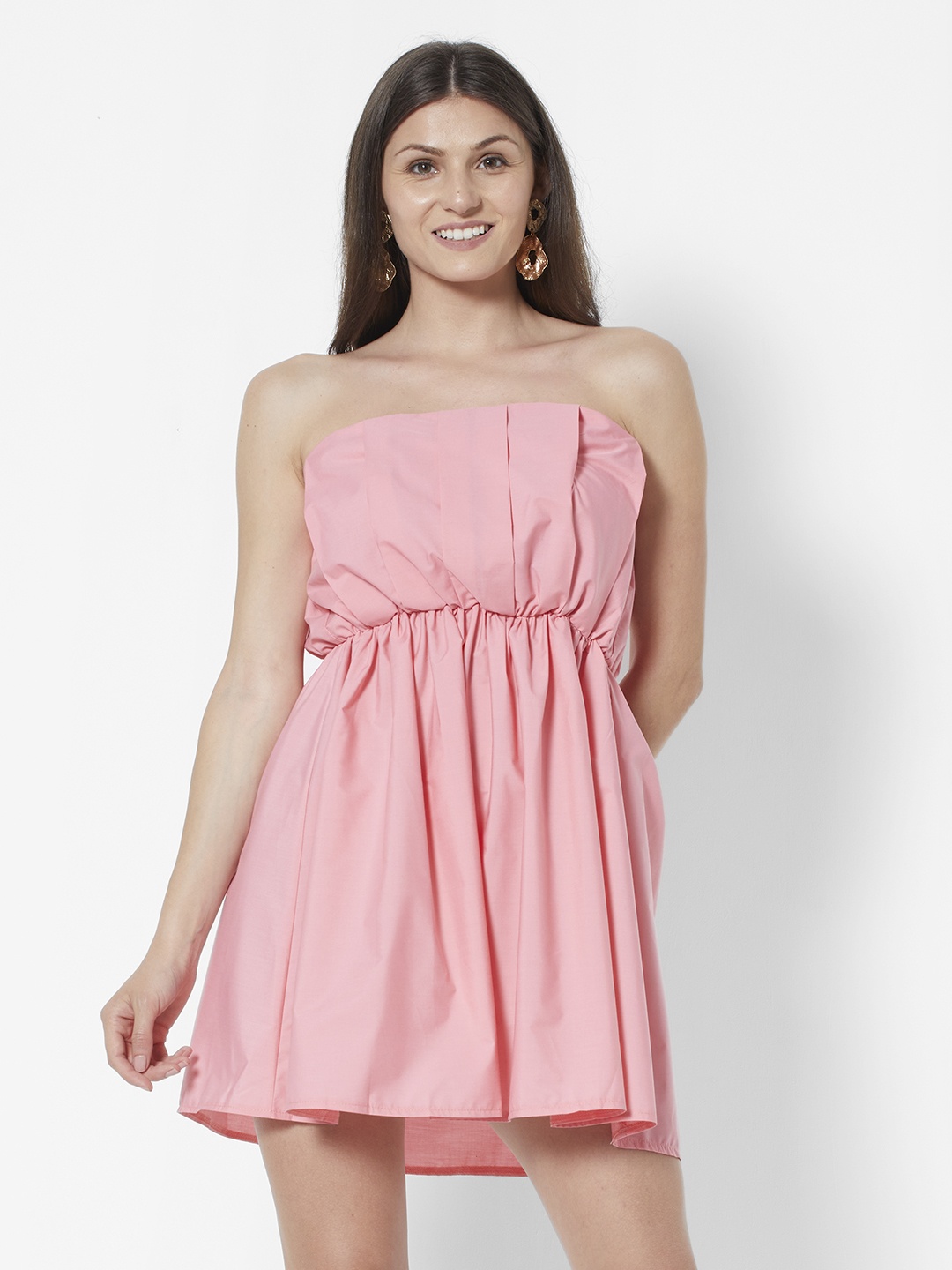 

URBANIC Pink Solid Pleated Tube Dress