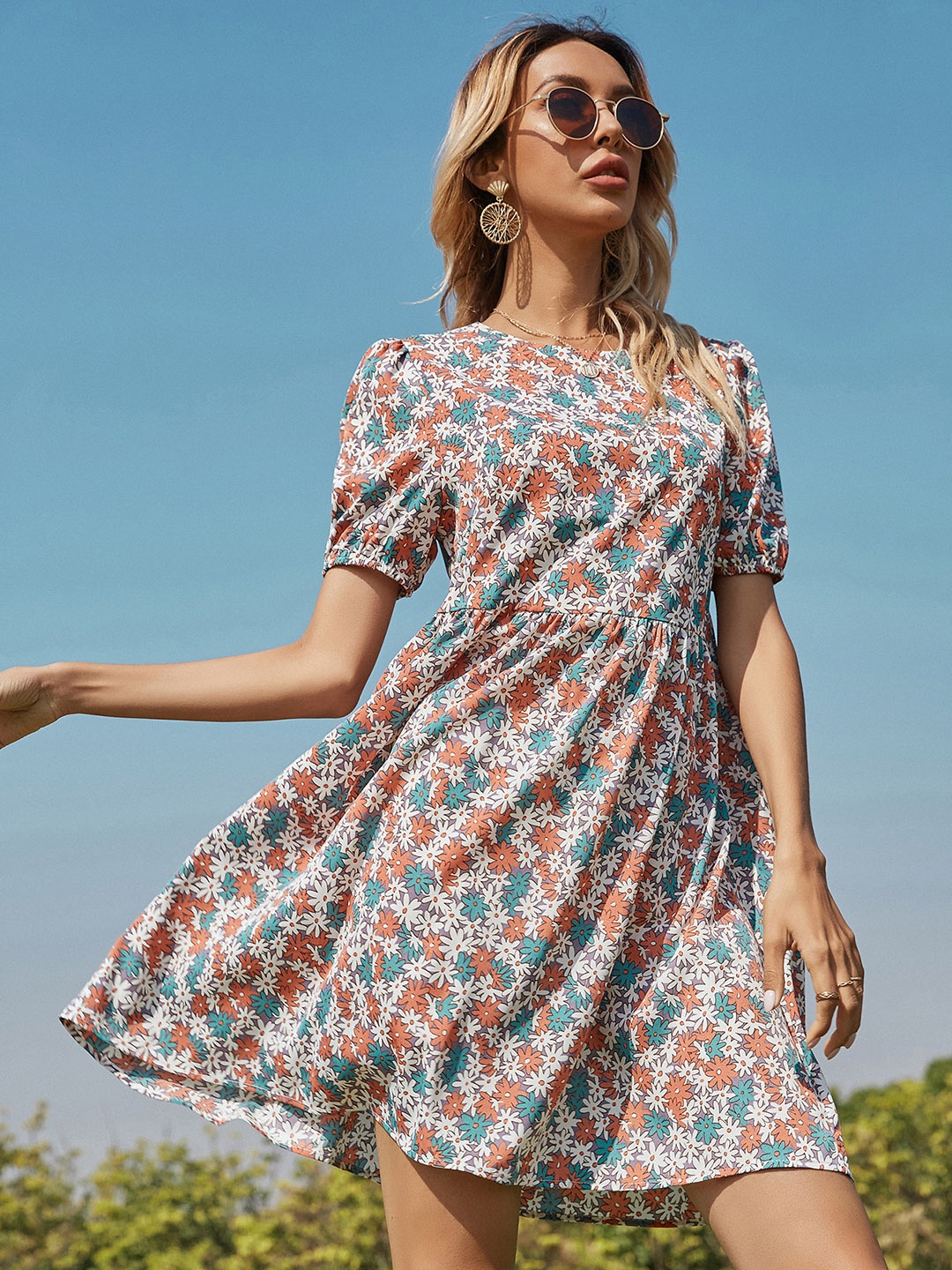 

URBANIC Coral Brown & White Floral A-Line Dress