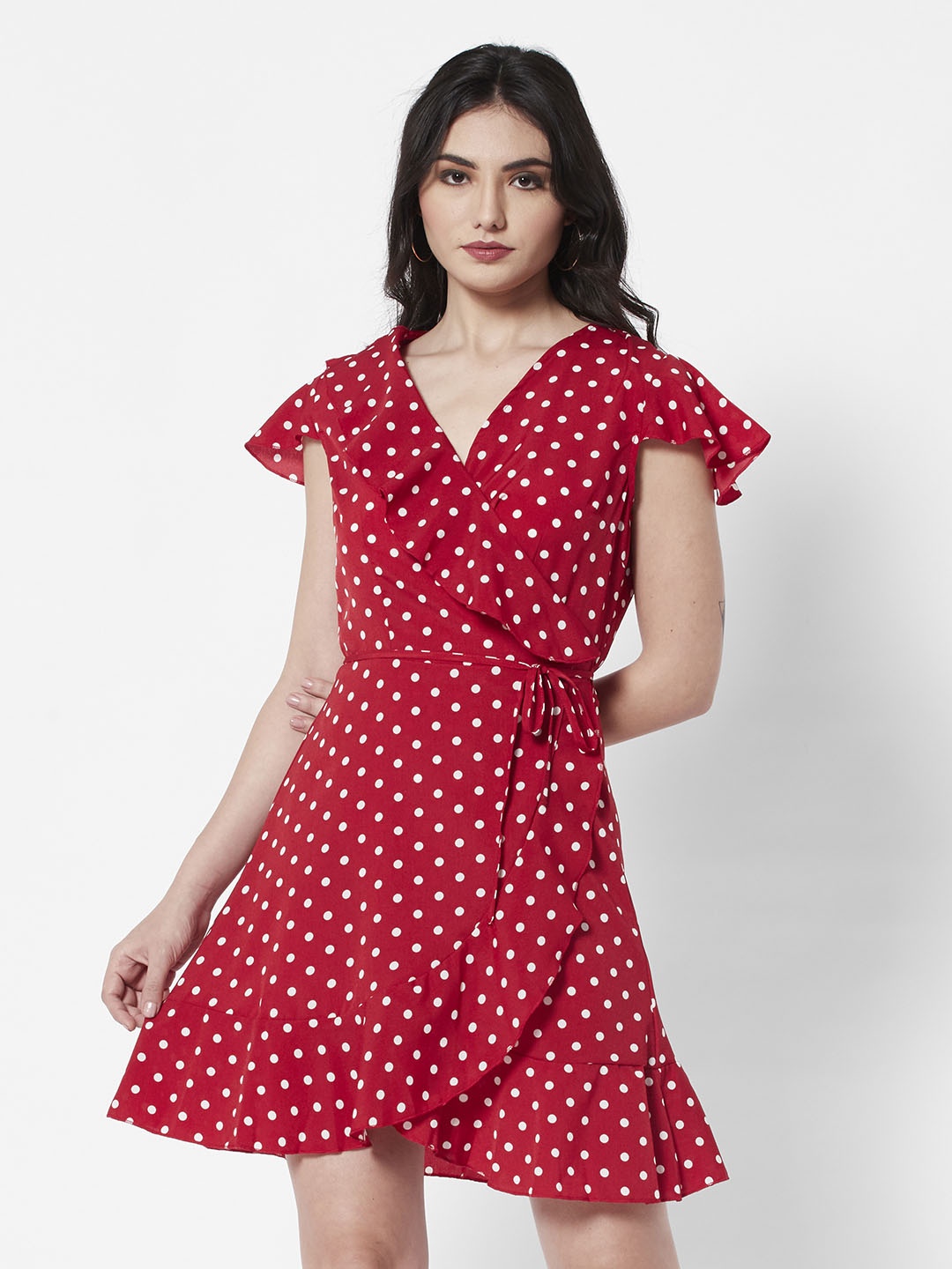 

URBANIC Red & White Polka Dots Print Ruffled Wrap Dress