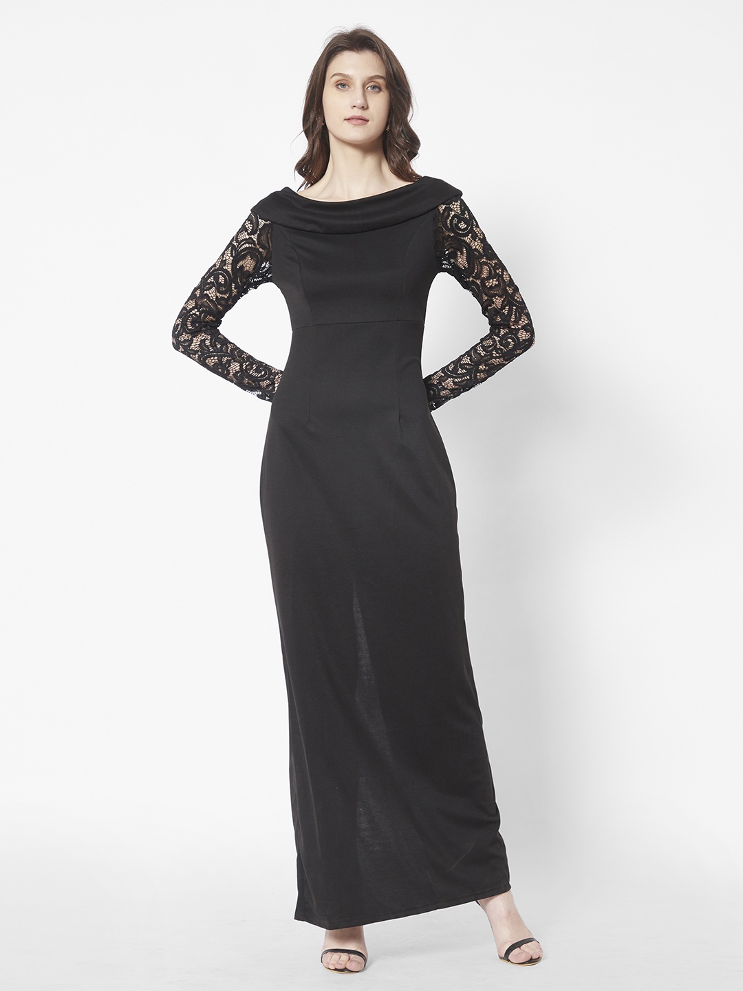 

URBANIC Black Boat Neck Solid Maxi Dress with Lace Sleeves