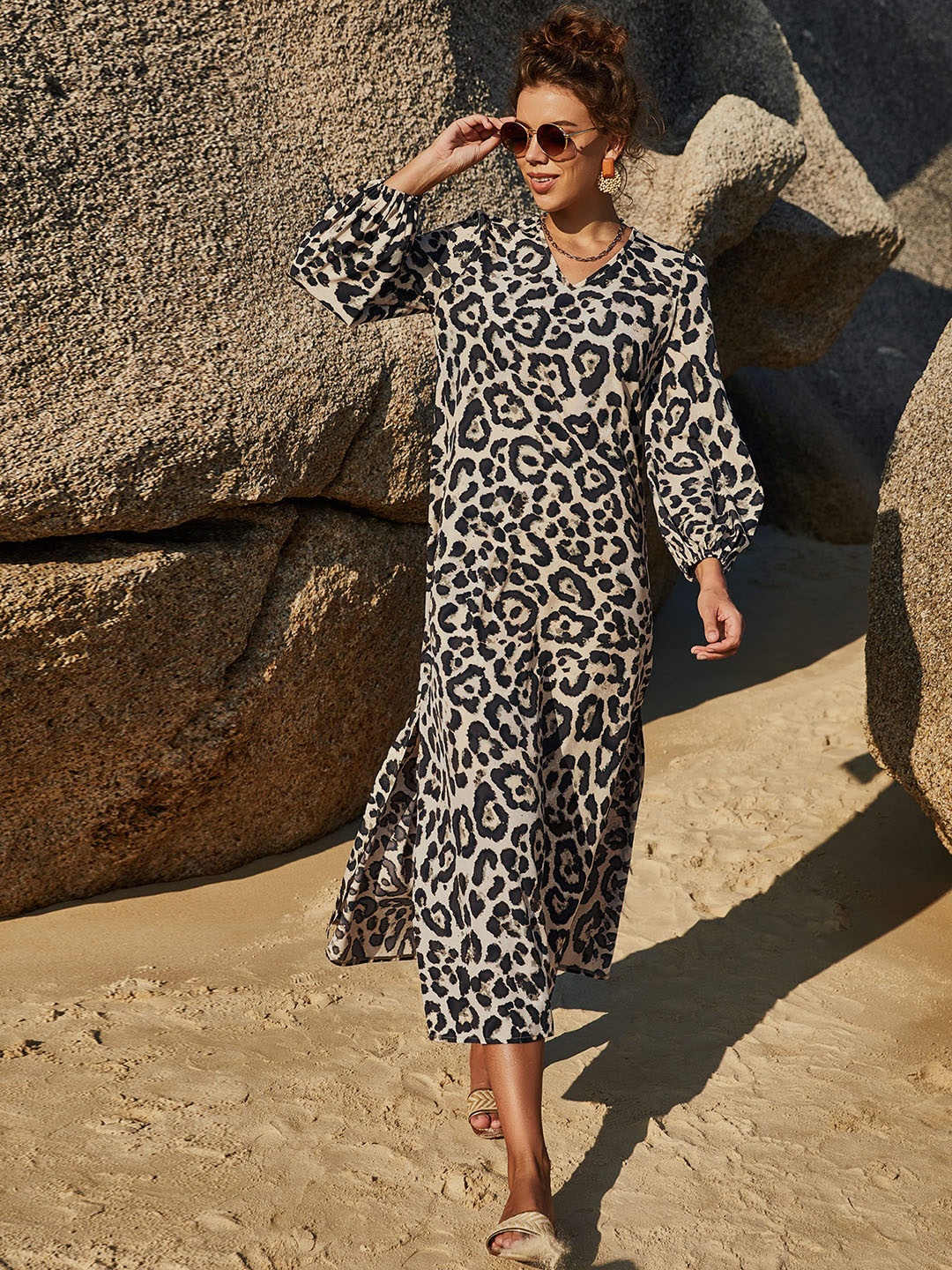 

URBANIC Women Beige & Black Animal A-Line Midi Dress