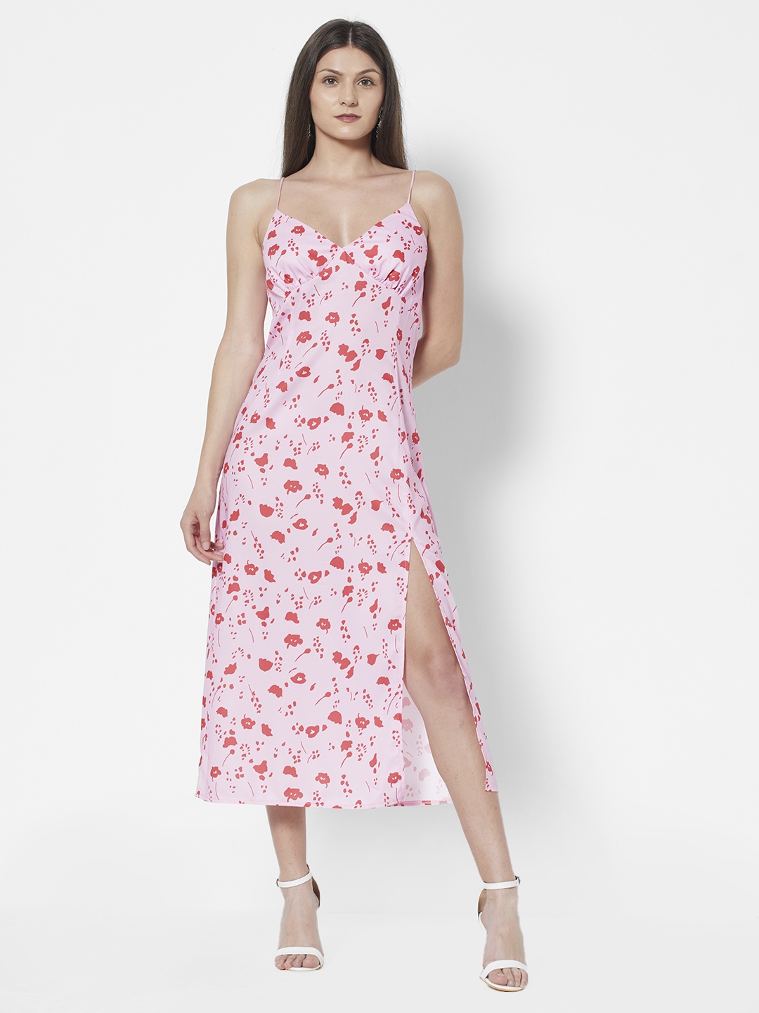 

URBANIC Pink & Red Printed A-Line Midi Dress with Front Slit