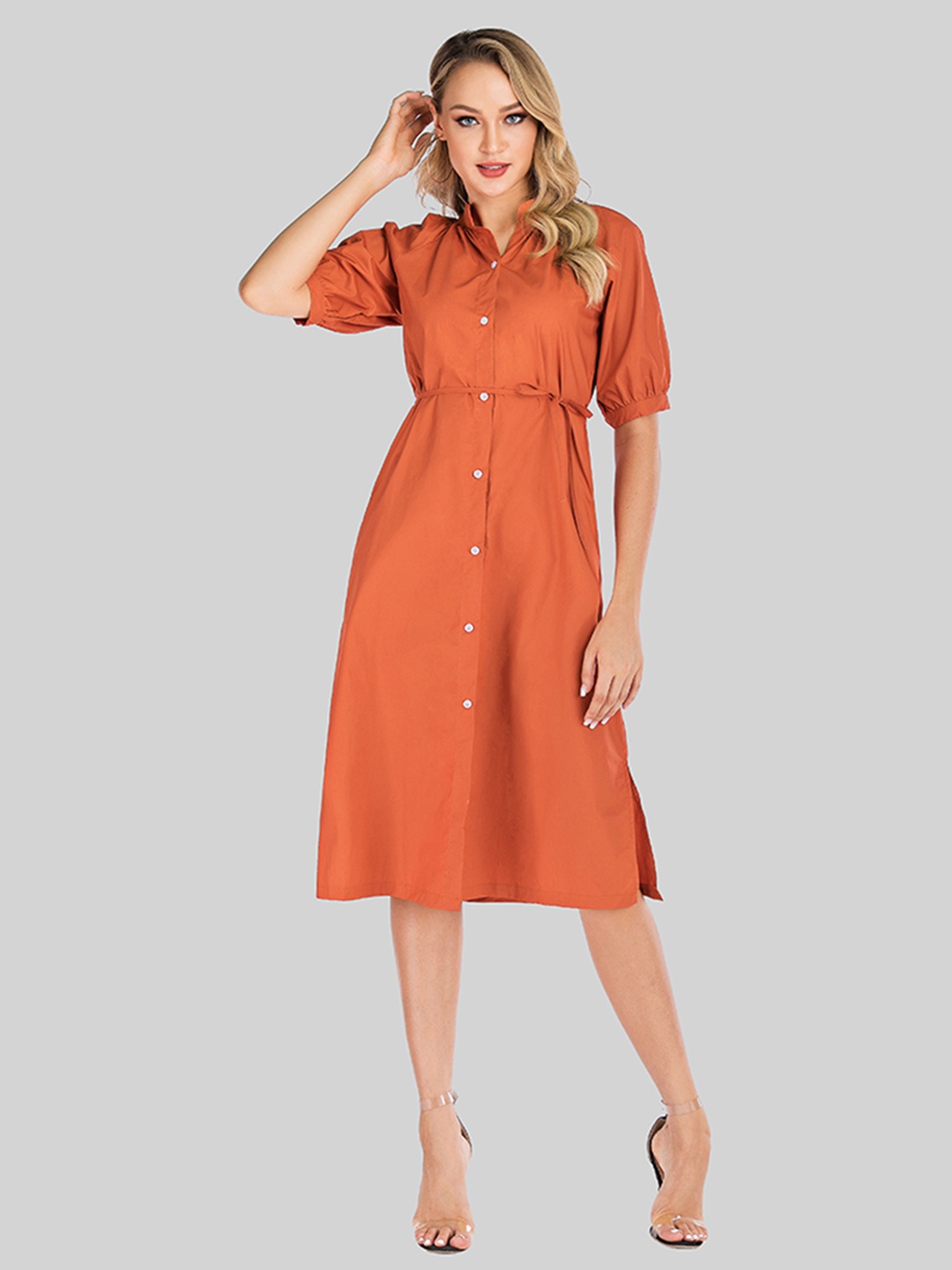 

URBANIC Orange Solid Puff Sleeves Shirt Midi Dress