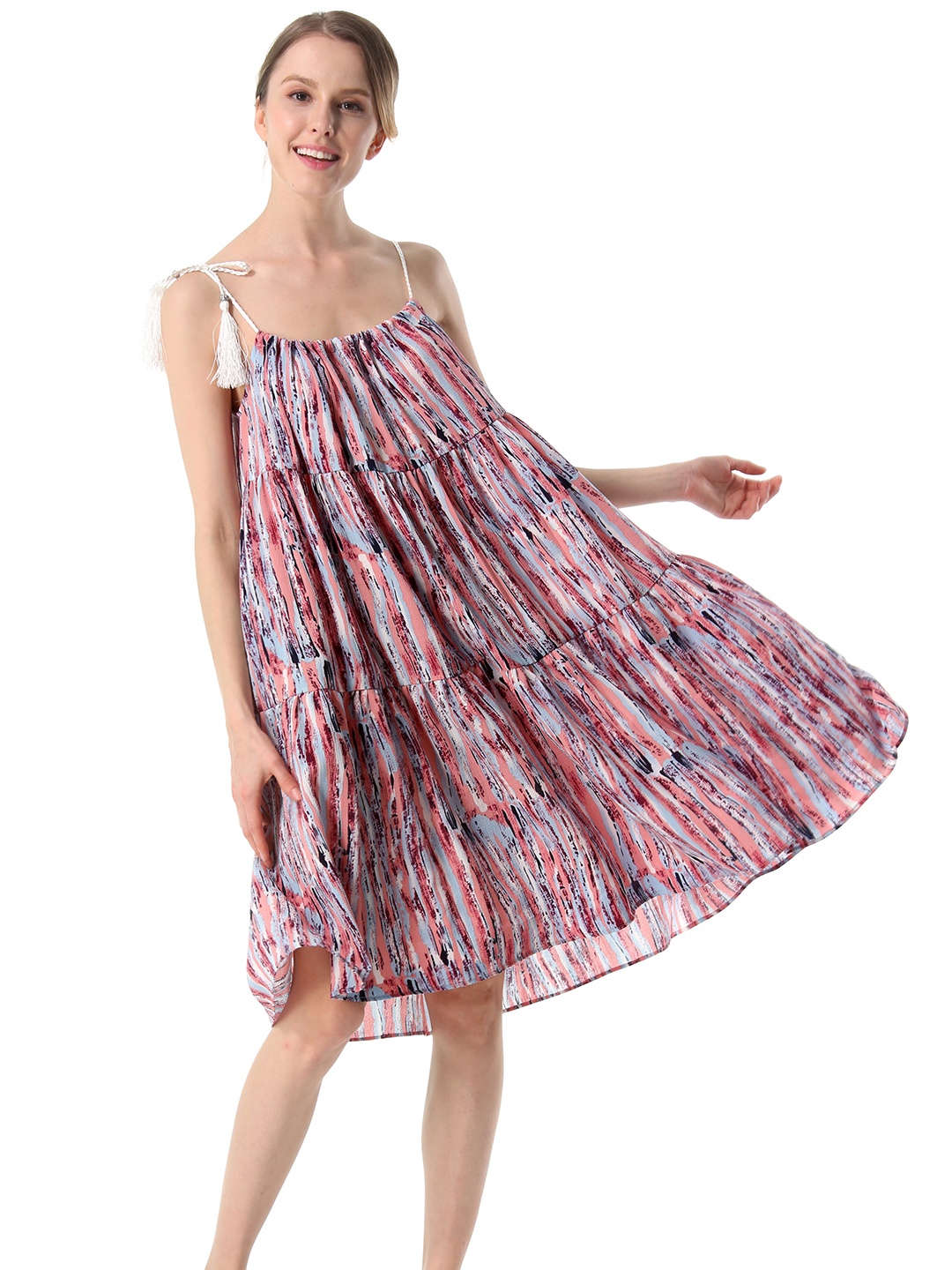 

URBANIC Coral Pink & Blue Printed Tiered Trapeze A-Line Dress