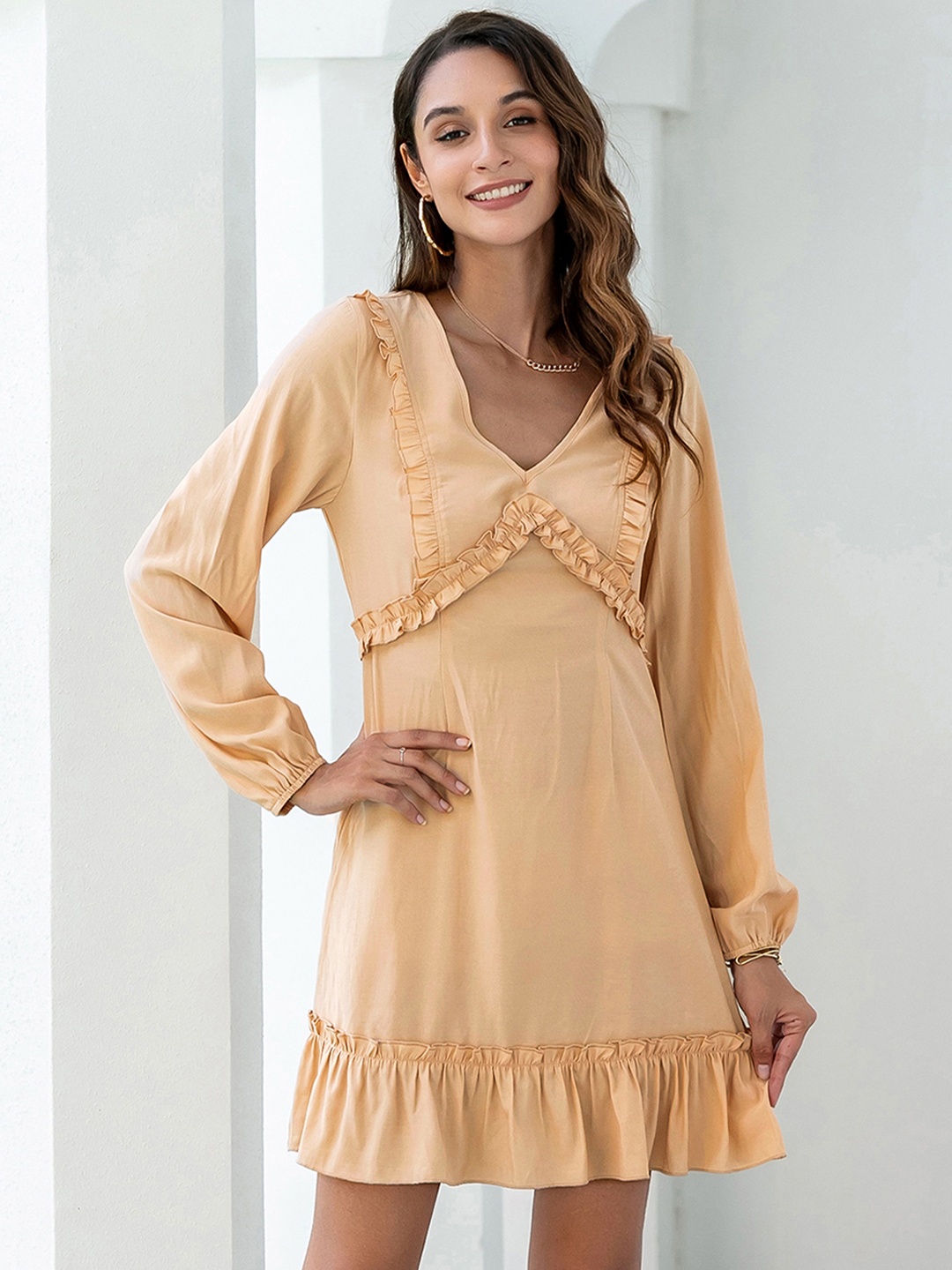 

URBANIC Peach-Coloured Solid A-Line Mini Dress