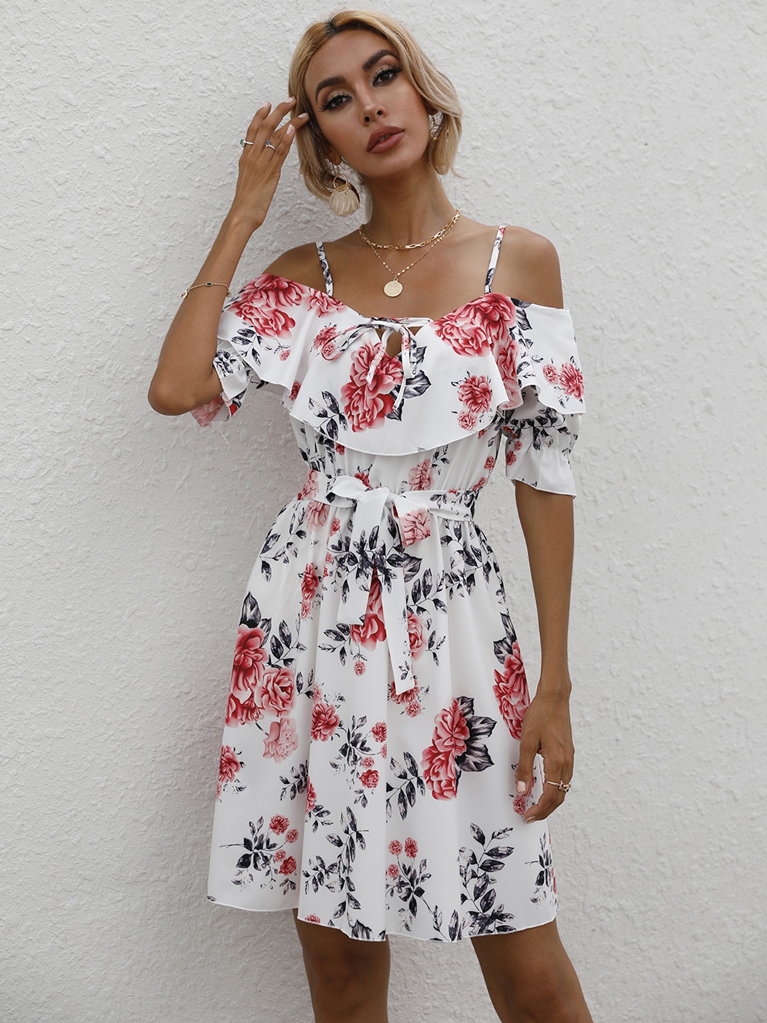 

URBANIC White & Red Floral Printed Fit & Flare Dress